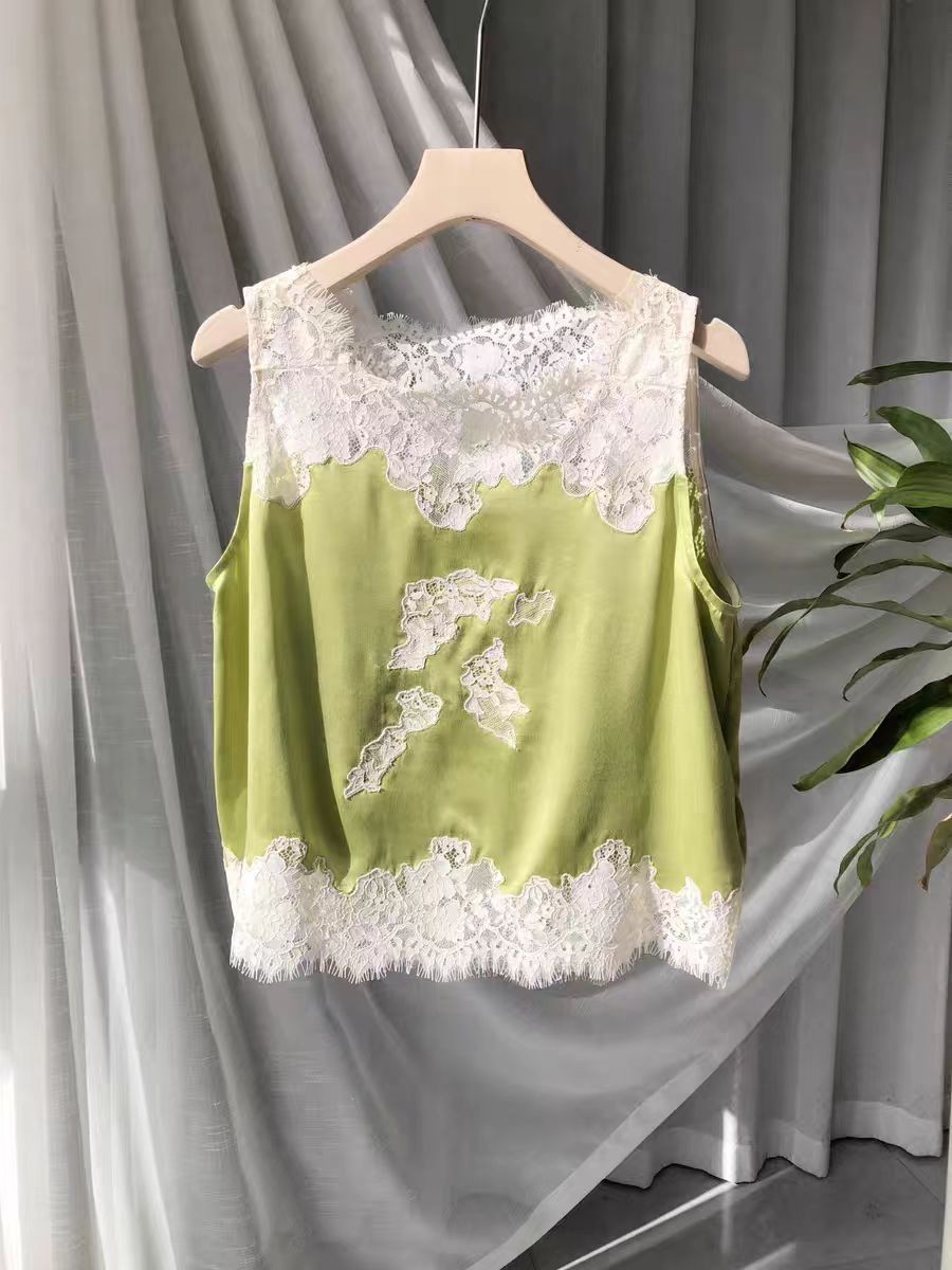Doen lace patchwork silk vest shorts set