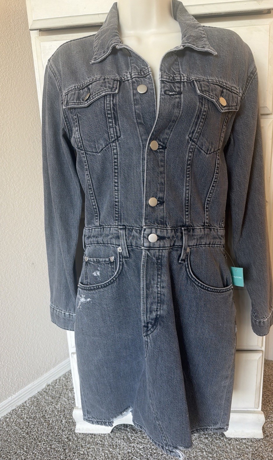 Maurices -M Jeans Size XS Gray Distressed Denim Button Dress Grunge Long Sleeve