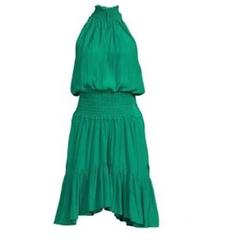 A.L.C. Size 8 Cody Smocked Shift Dress Green Halter Tiered Sleeveless Maximalist