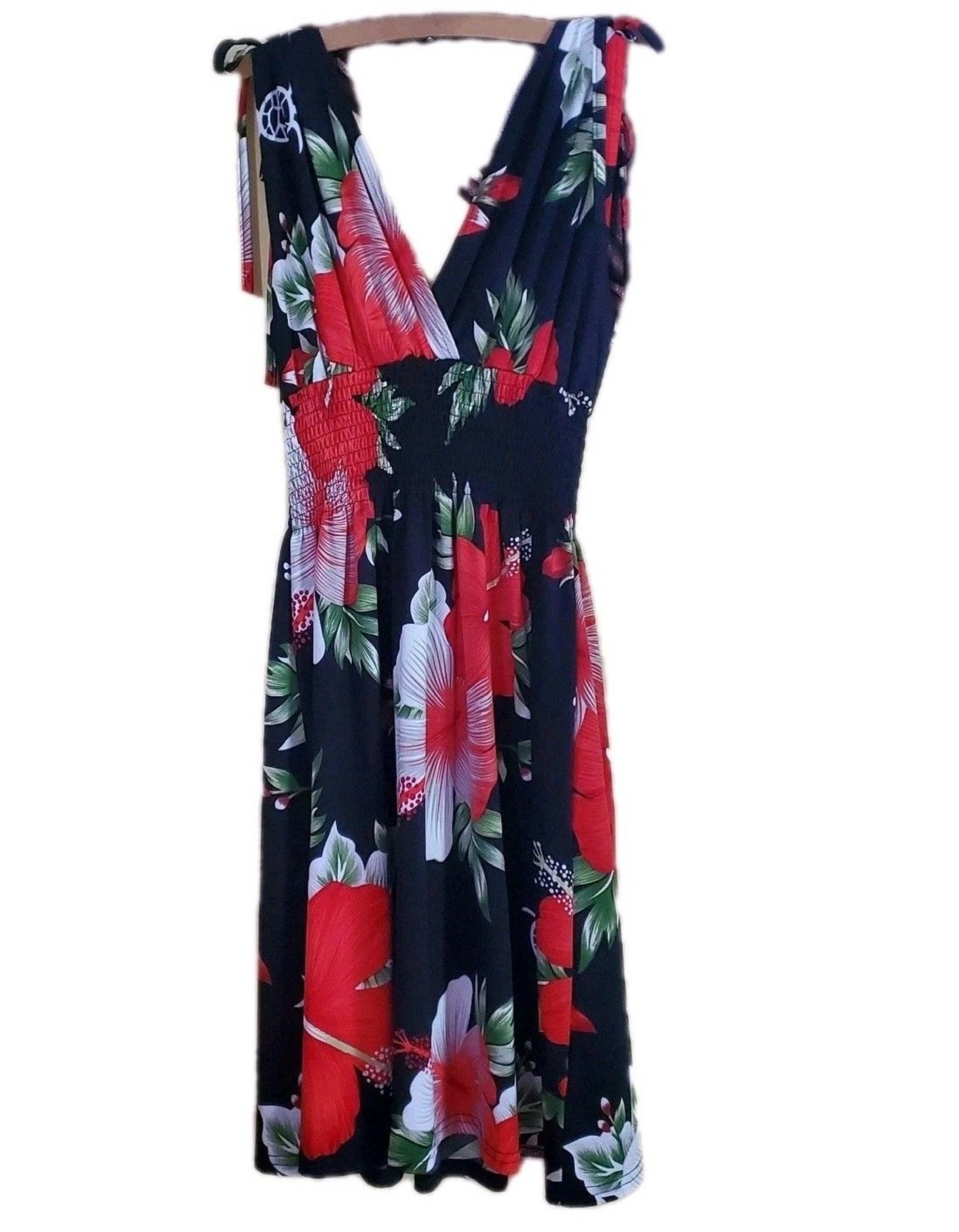 Boho Tropical Floral Beach Mini Dress S Smocked Empire Waist V-Neck Shoulder Tie