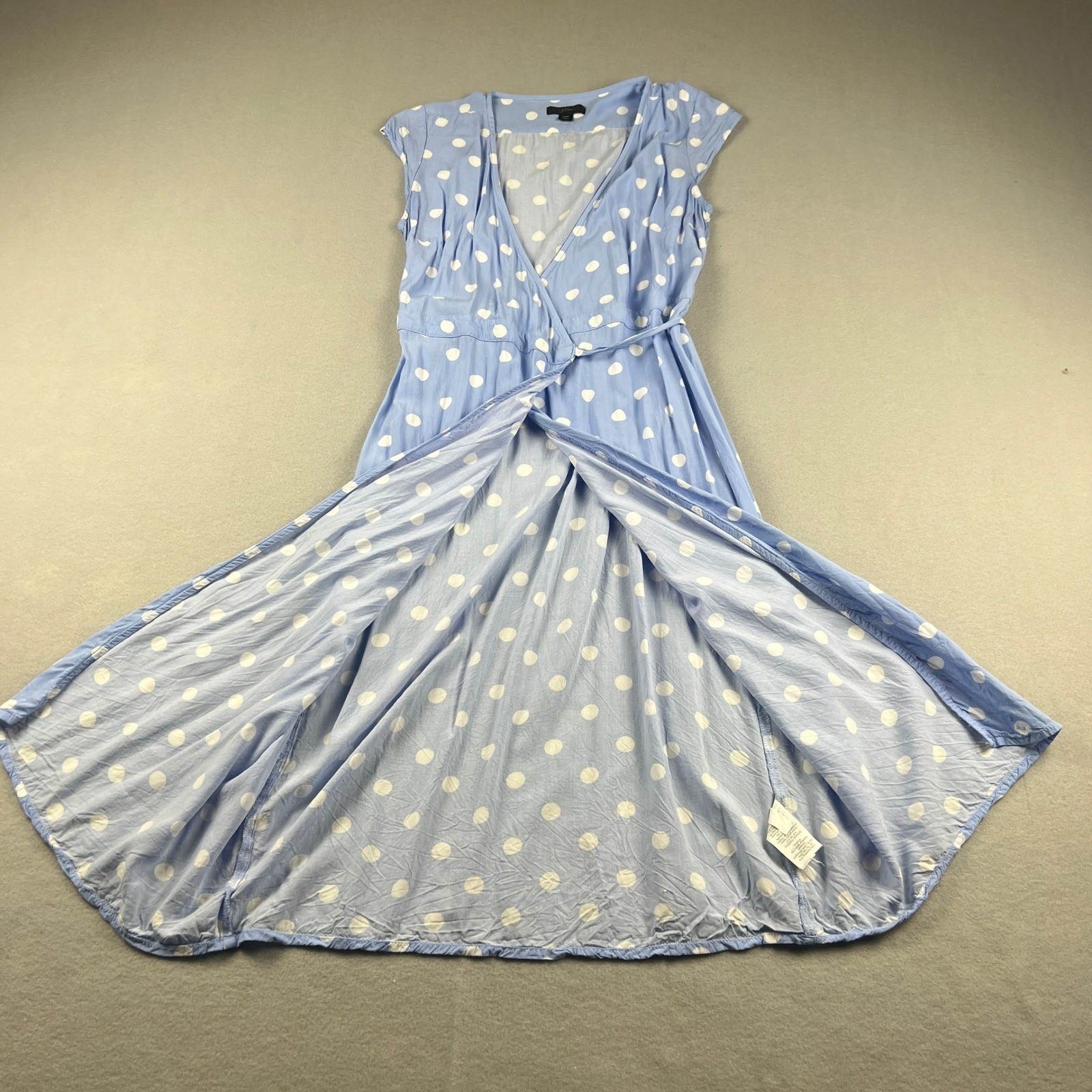 J.Crew Faux Wrap Dress Womens XSP Blue Polka Dot Midi Summer Casual Coquette