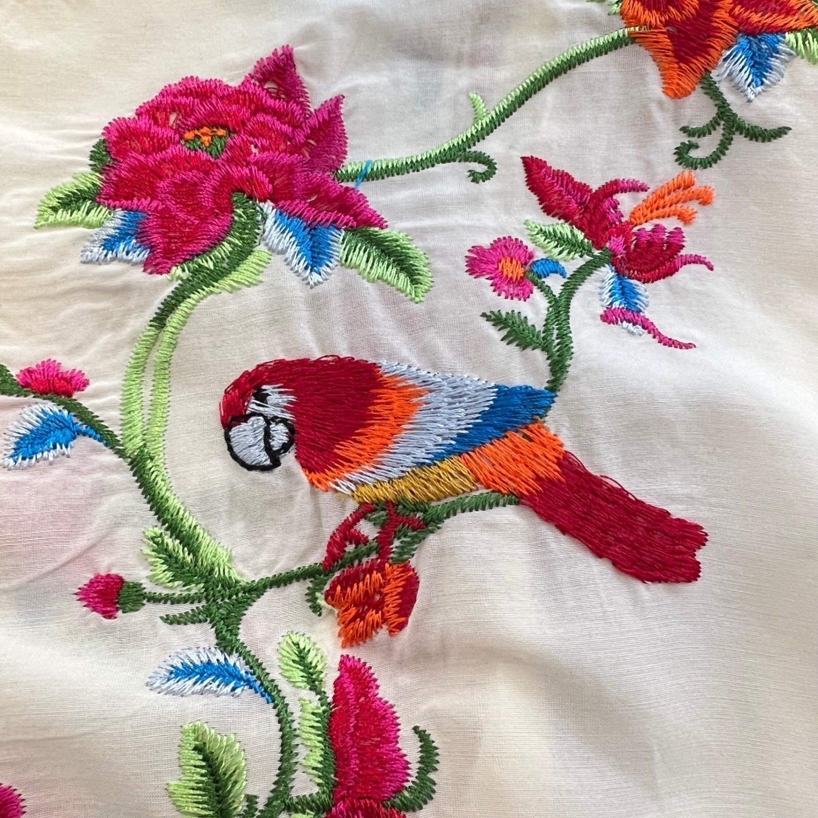 Tropical Folk Art Parrot Floral Embroidered Puff Sleeve Cottage Peasant Dress S
