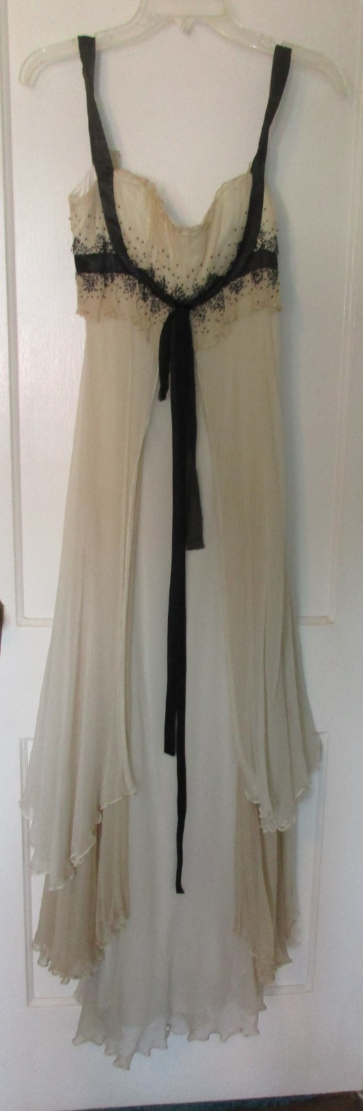 Womens Gracia Cream Color Maxi Dress w/ Beaded Bodice & Flowing Tiered Skirt
