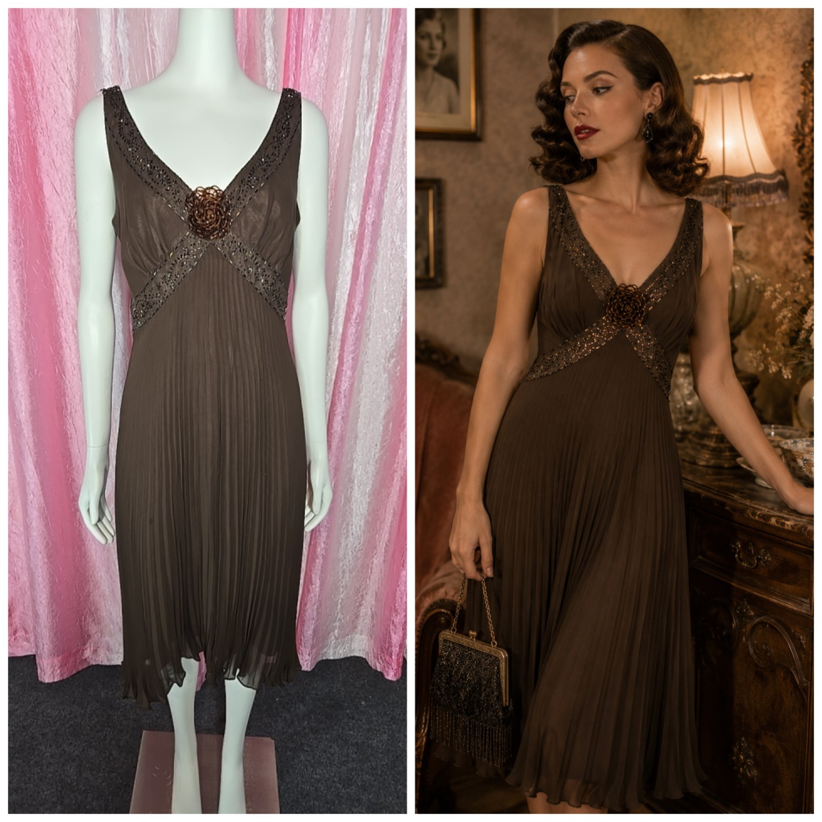 Jones New York Exquisite Brown Silk Pleated Beaded Evening Dress Size 12