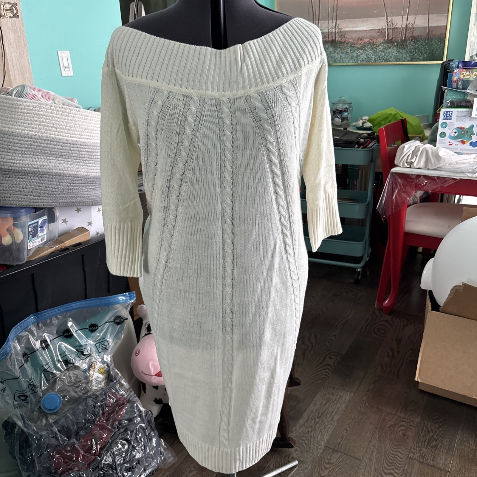 NWT NY&C Sweater Dress Womens XL White Knee Length Shift Off The Shoulder Vntg!