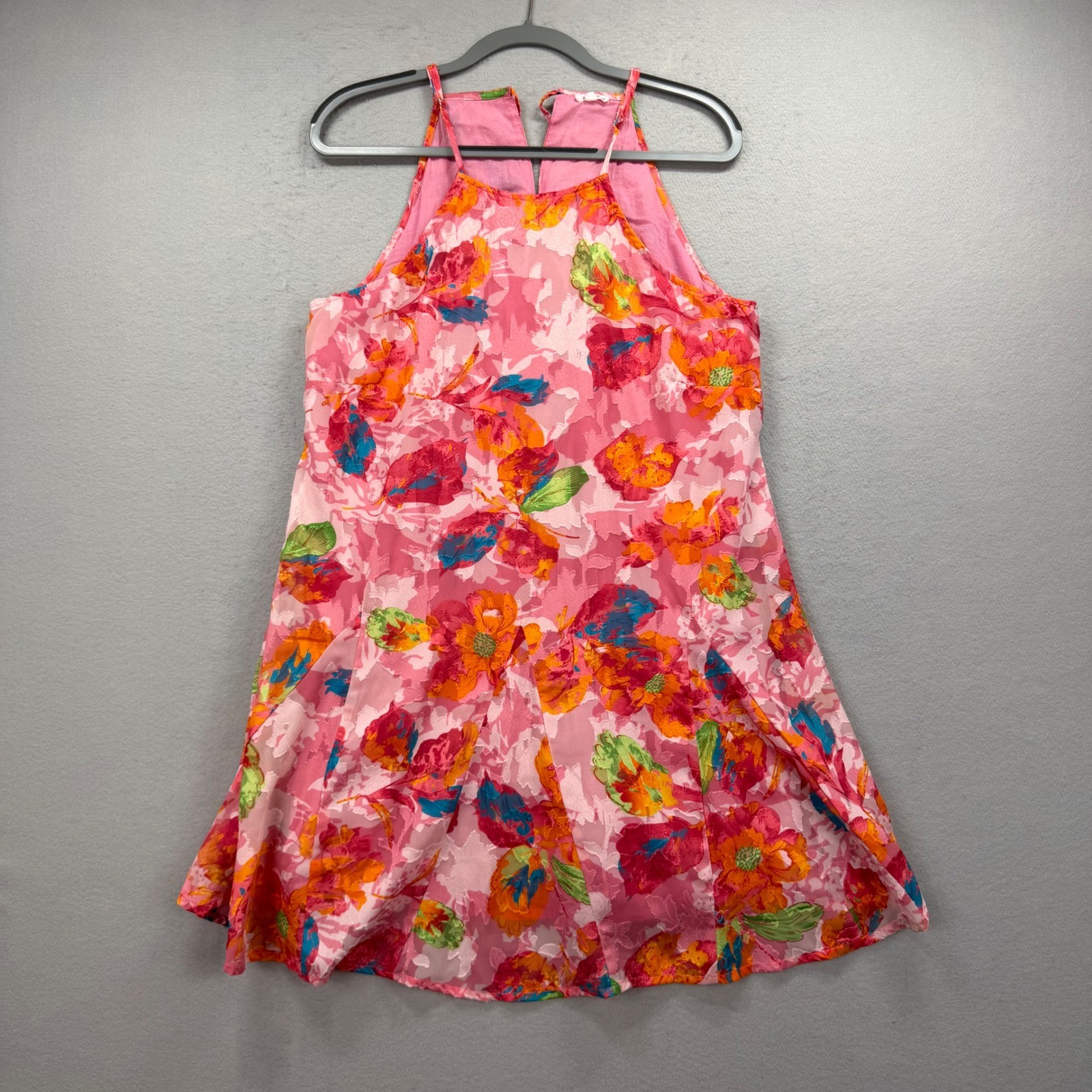 En Creme Floral Halter Dress Womens Medium Pink Orange Tassel Boho Beachy Mini