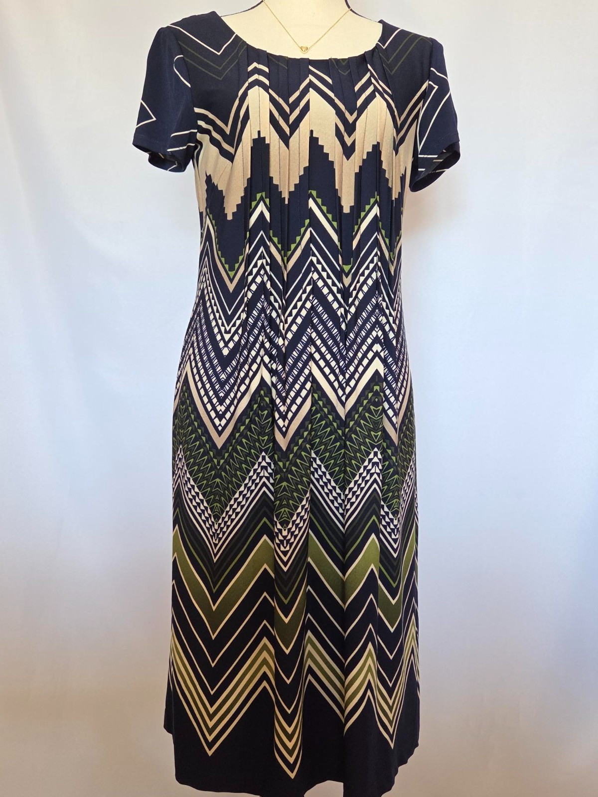 Perceptions Navy and Green Beige Chevron/Zigzag Ruched pattern S Dress