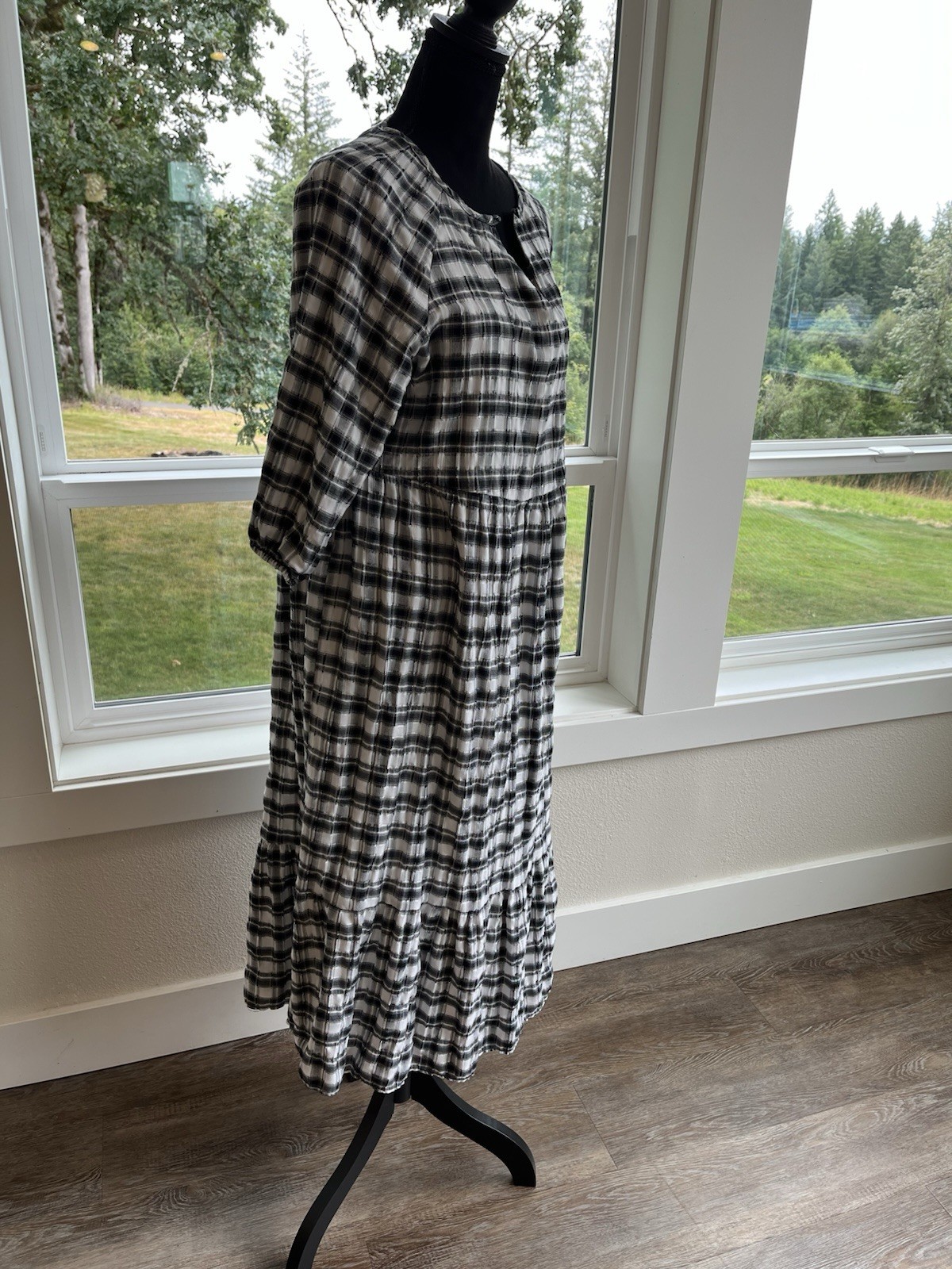 PRIMARK Check Textured Cotton Tiered ￼Dress Navy/Charcoal Gray/Black Sz 12 / L