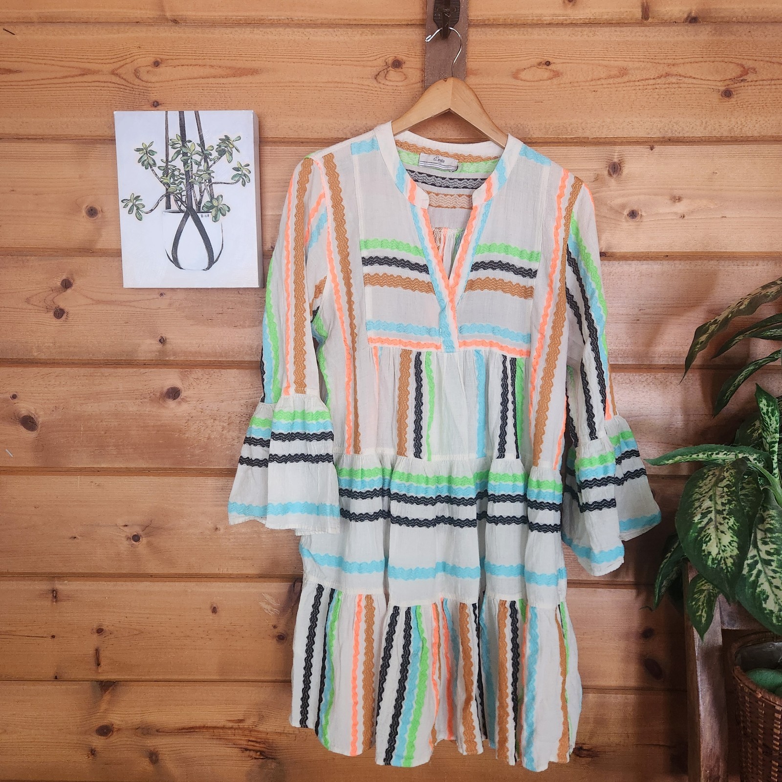DEVOTION TWINS Ella Tiered Mini Tunic Dress Jacquard Boho Flared Ruffle Sz Small