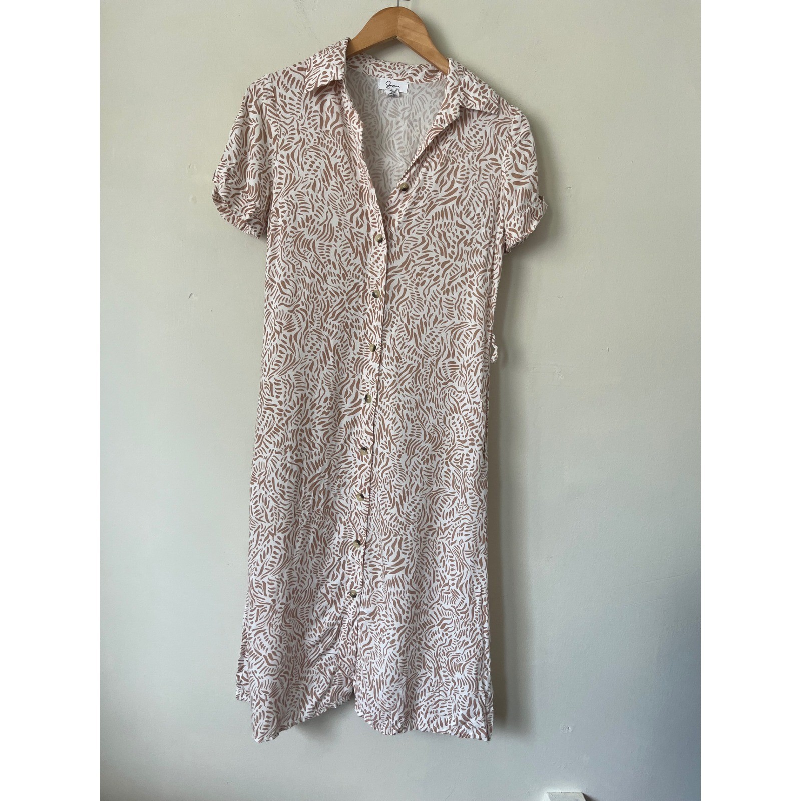 Japna Tan White Abstract Leaf Print Button Down Midi Shirt Dress Womens Small