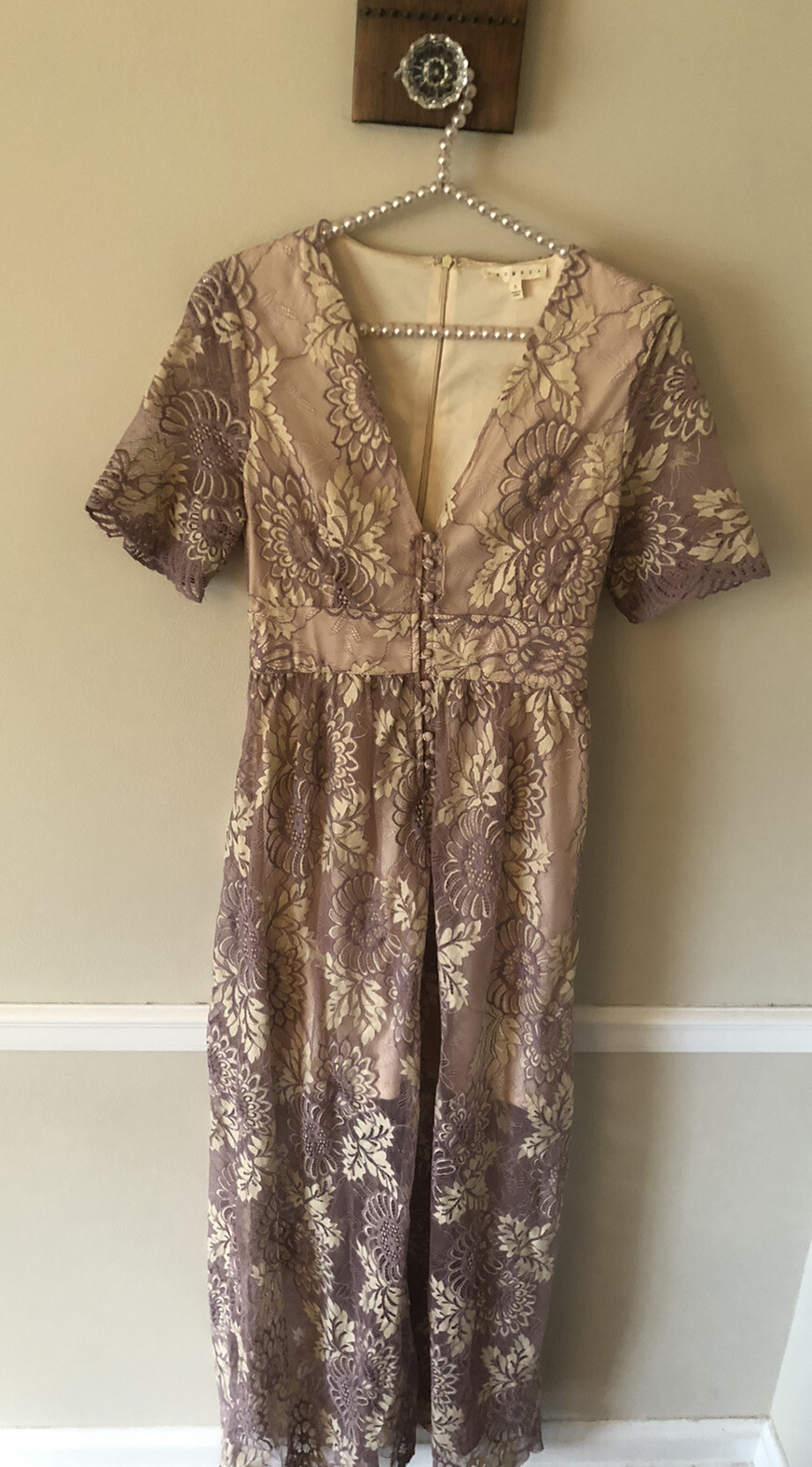 NWOT Promesa Womens Size S Purple Lace Maxi Dress Short Sleeve Buttons