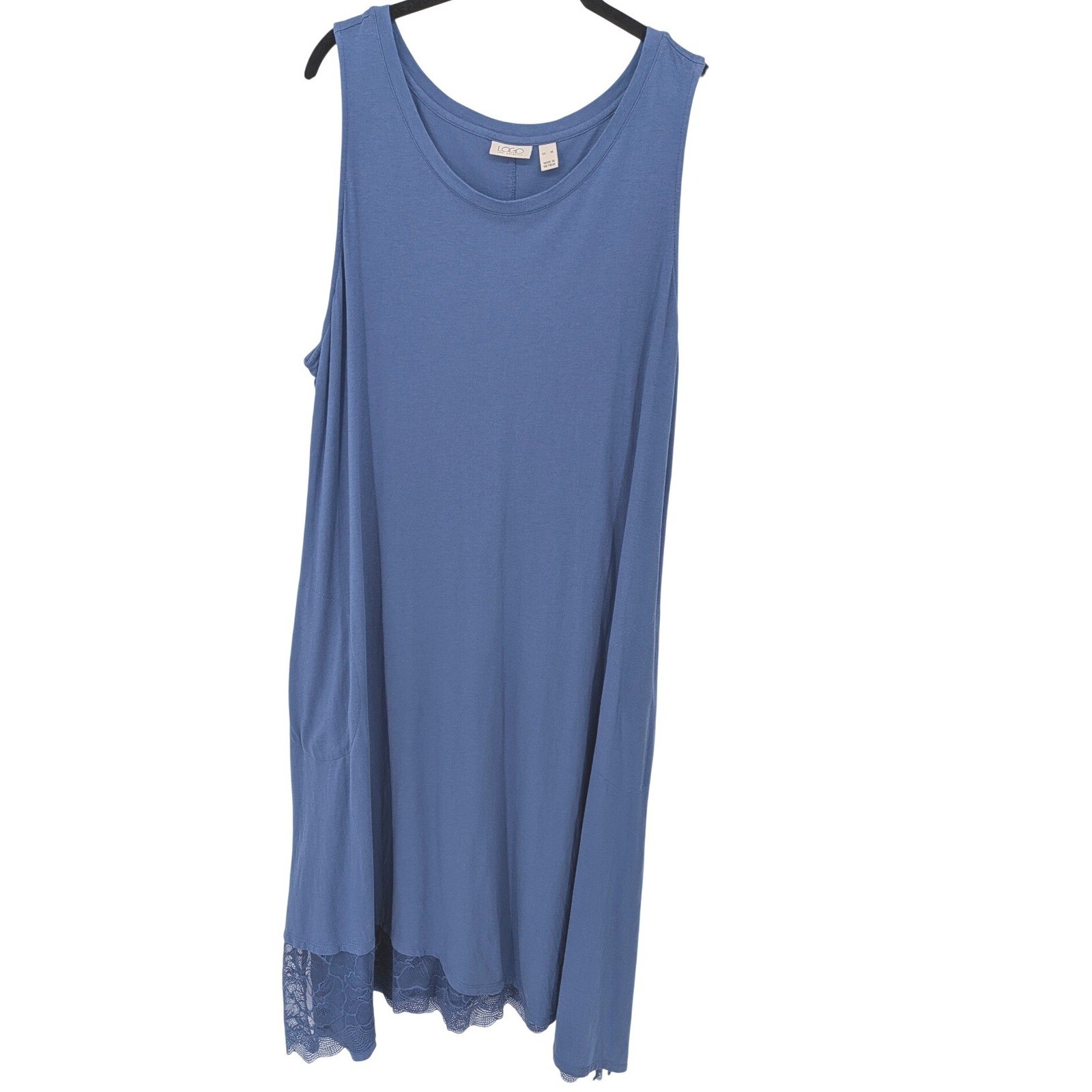 LOGO Lori Goldstein Midi Dress Women XL Blue Lace Trim Sharkbite Hem Pockets