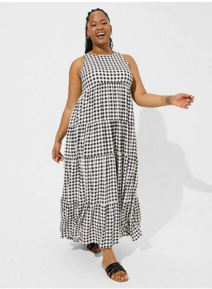 Torrid Maxi Halter Tiered Dress Womens 1X Black White Check Cutie Pie Gingham