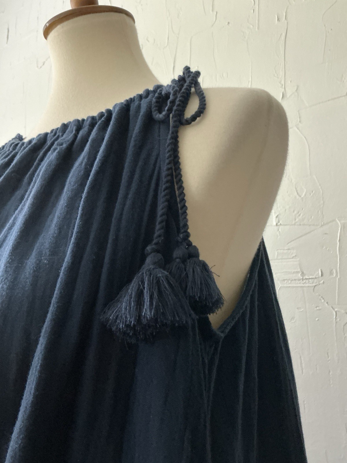 Time & Tru Sun/Tent Dress Maxi Drawstring Slit Cotton Tassels M(8-10) Navy Blue