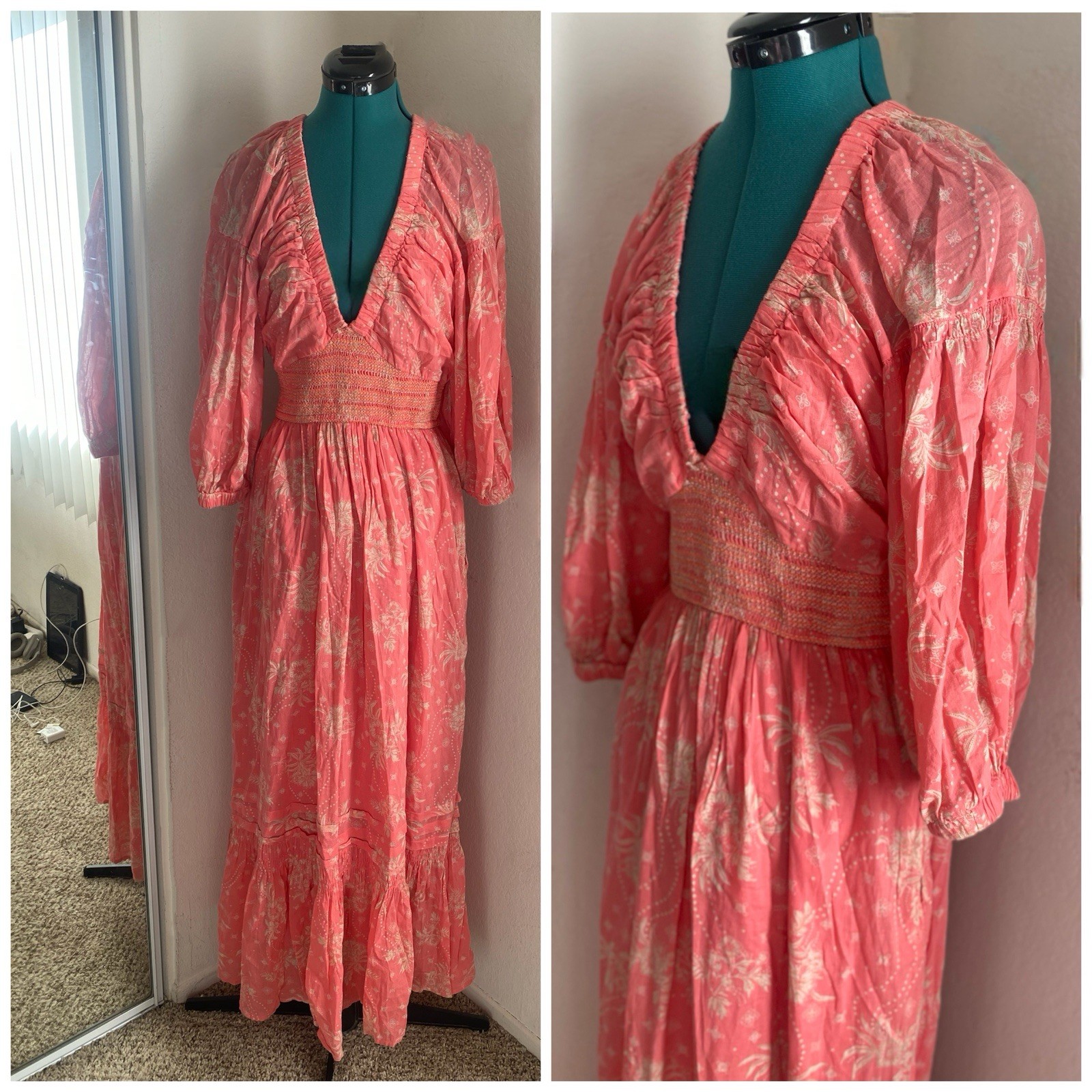 Free People Coral Pink and White Floral Maxi Dress with Smocked Waist Size M