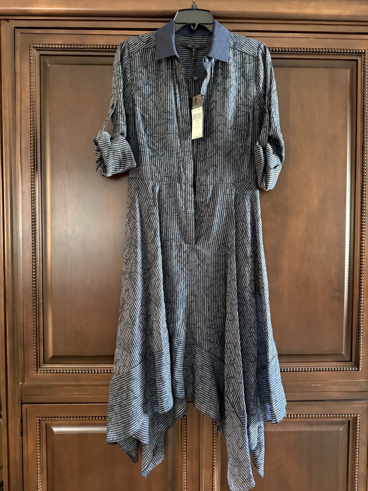 BCBGMAXAZRIA XXS Pacific Blue Sheer Stripe Handkerchief Hem Shirt Dress NWT