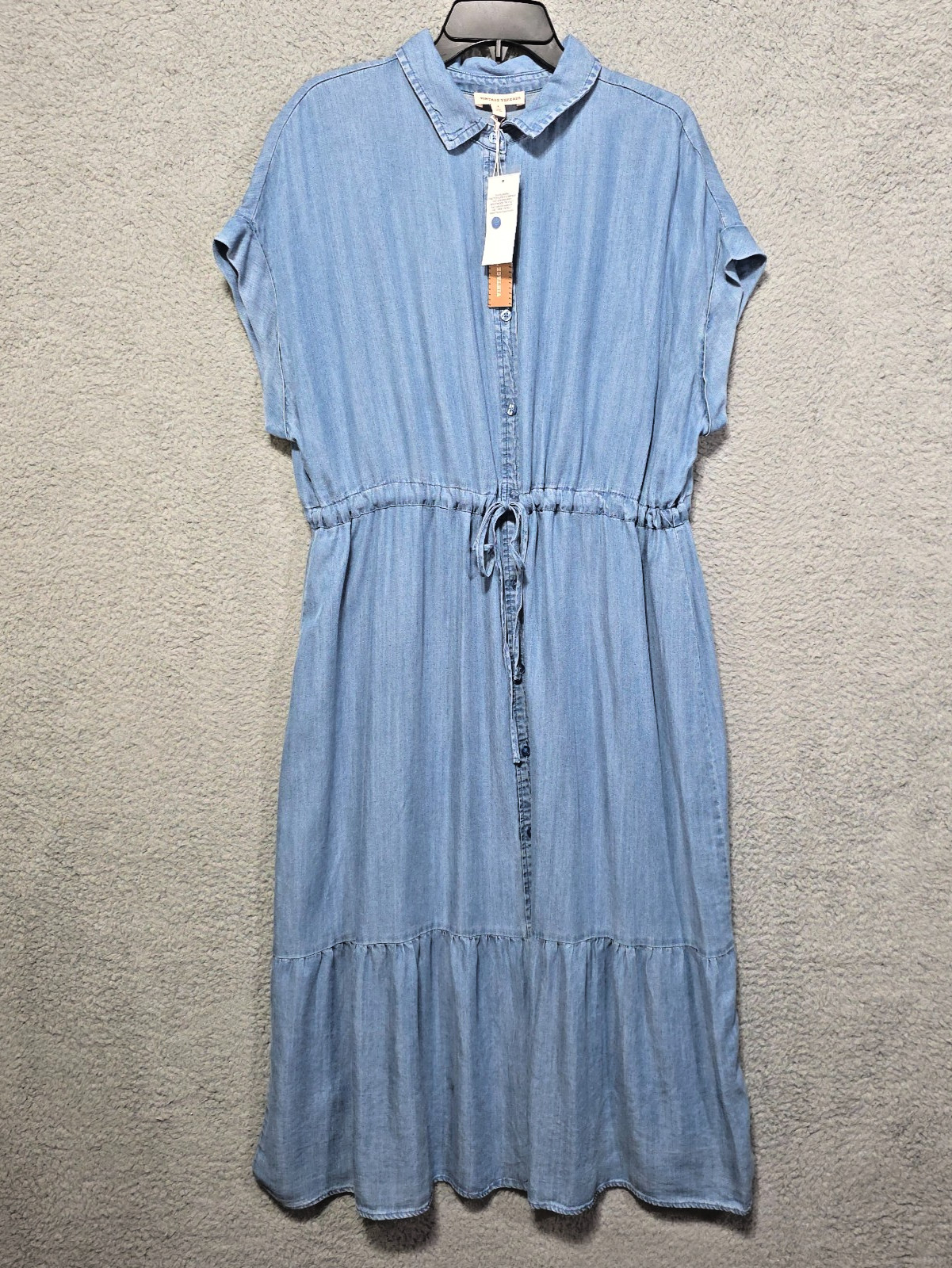 Denim Dress Short Sleeve Button Front Ruffle Bottom Cottagecore Vintage Threads