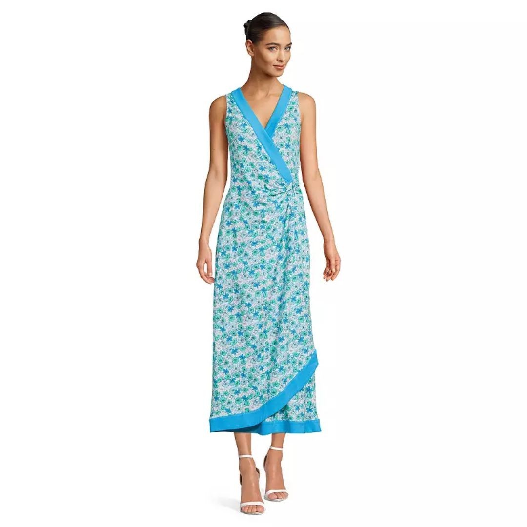 Lands End Floral Surplice Maxi Dress Size MP Sleeveless Faux Wrap New