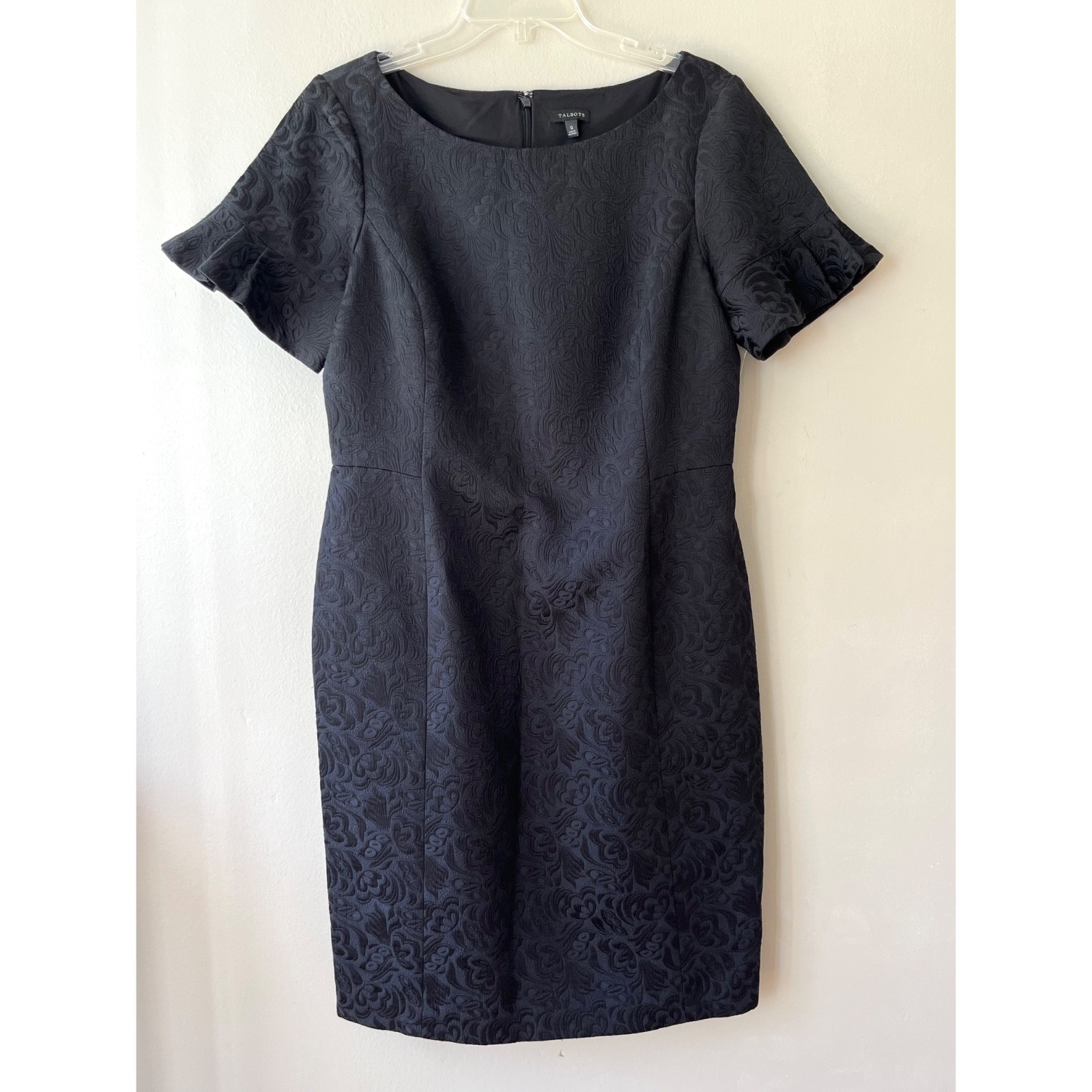 Talbots Sz 12 Black Brocade Flutter Sleeve Back Zip Midi Lined Dress