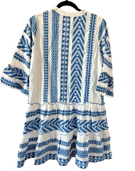 Boho Tiered Devotion Twins Ella Style Dress Blue White THML Embroidered Greek M