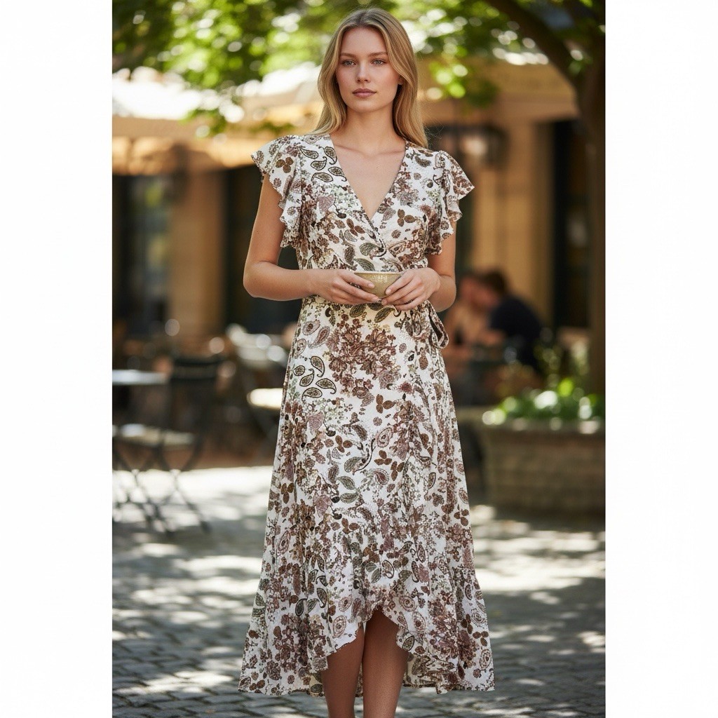NWT Drew Floral Wrap Midi Dress XS Brown Cottagecore Peasant Garden Party