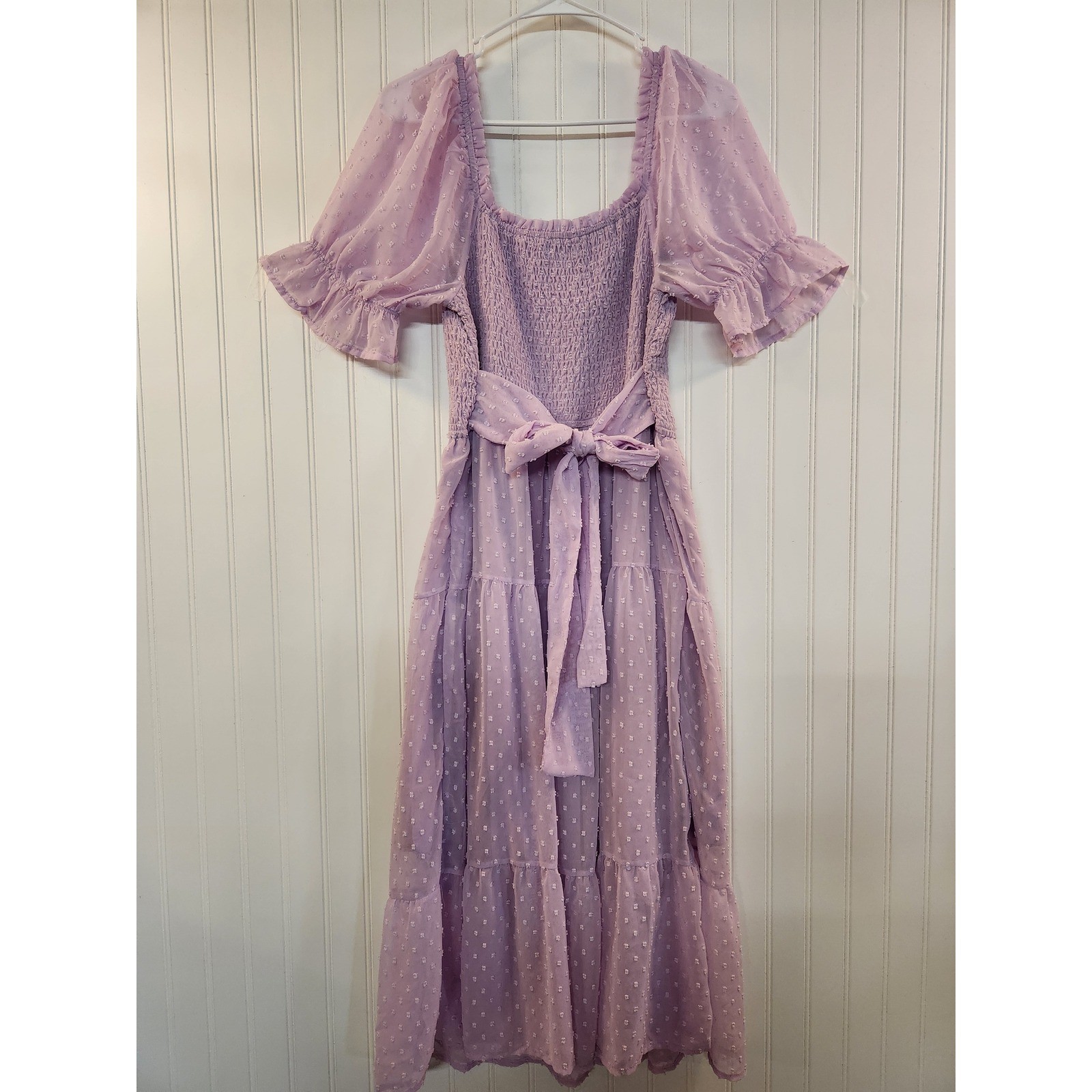 Merokeety Womens Lavender Swiss Dot Smocked Midi Dress Puff Sleeve Tiered Large