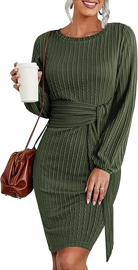 Women’s Bodycon Sweater Dress LARGE Knit Army Green Crewneck Tie Waisted