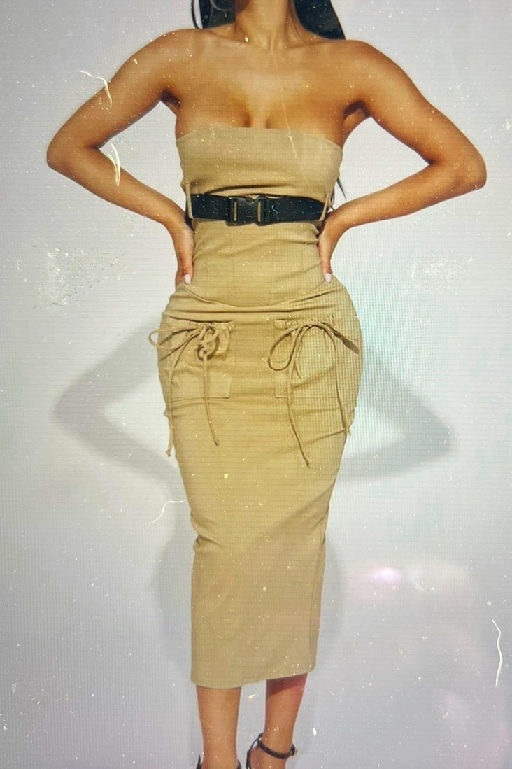 Fashion Nova Womens XS Beige Solid Strapless Sleeveless Belted Pocket Midi Dress