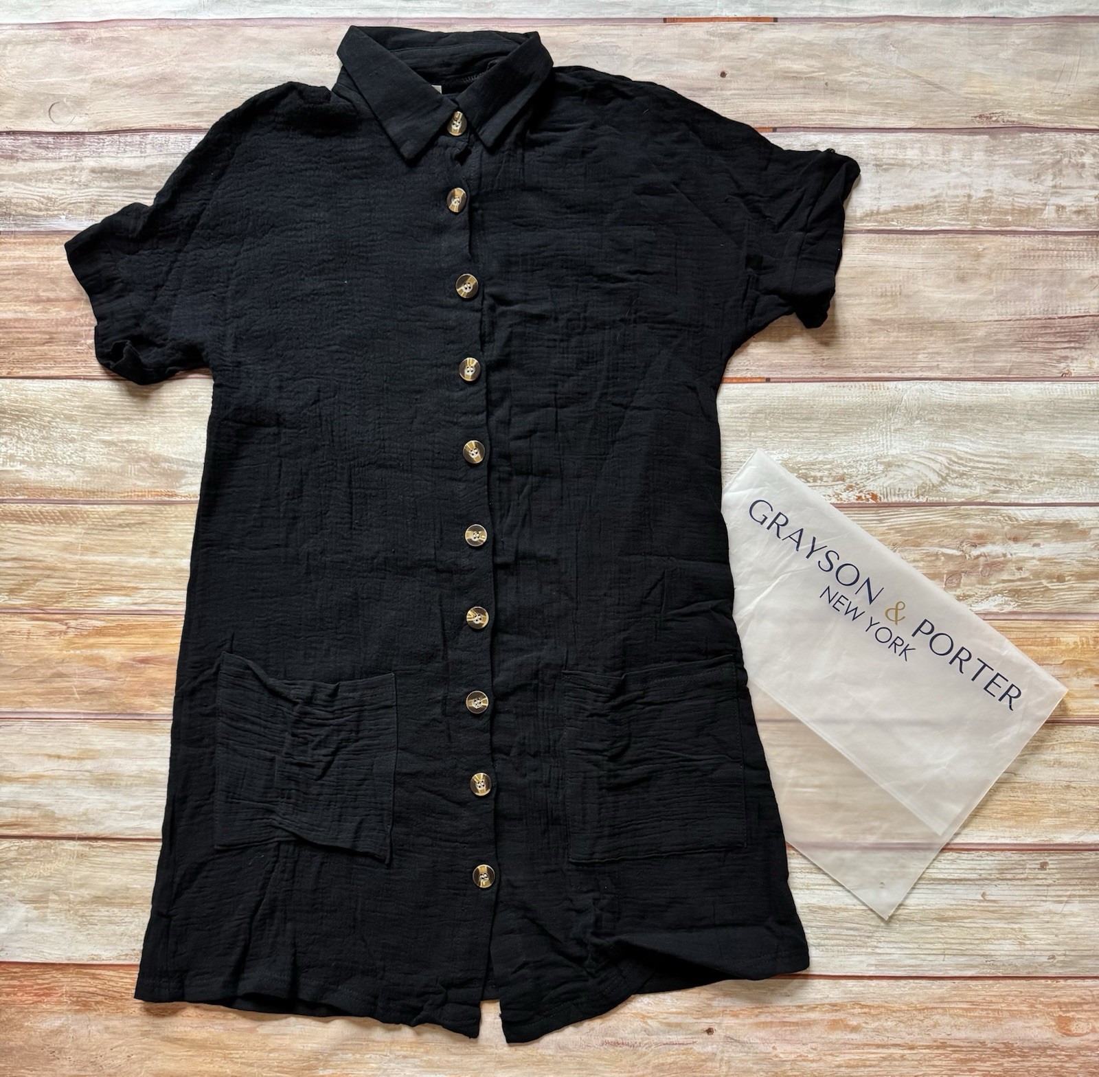 GRAYSON & PORTER Black Cotton IRIS Button Up Shirt Dress Sz L