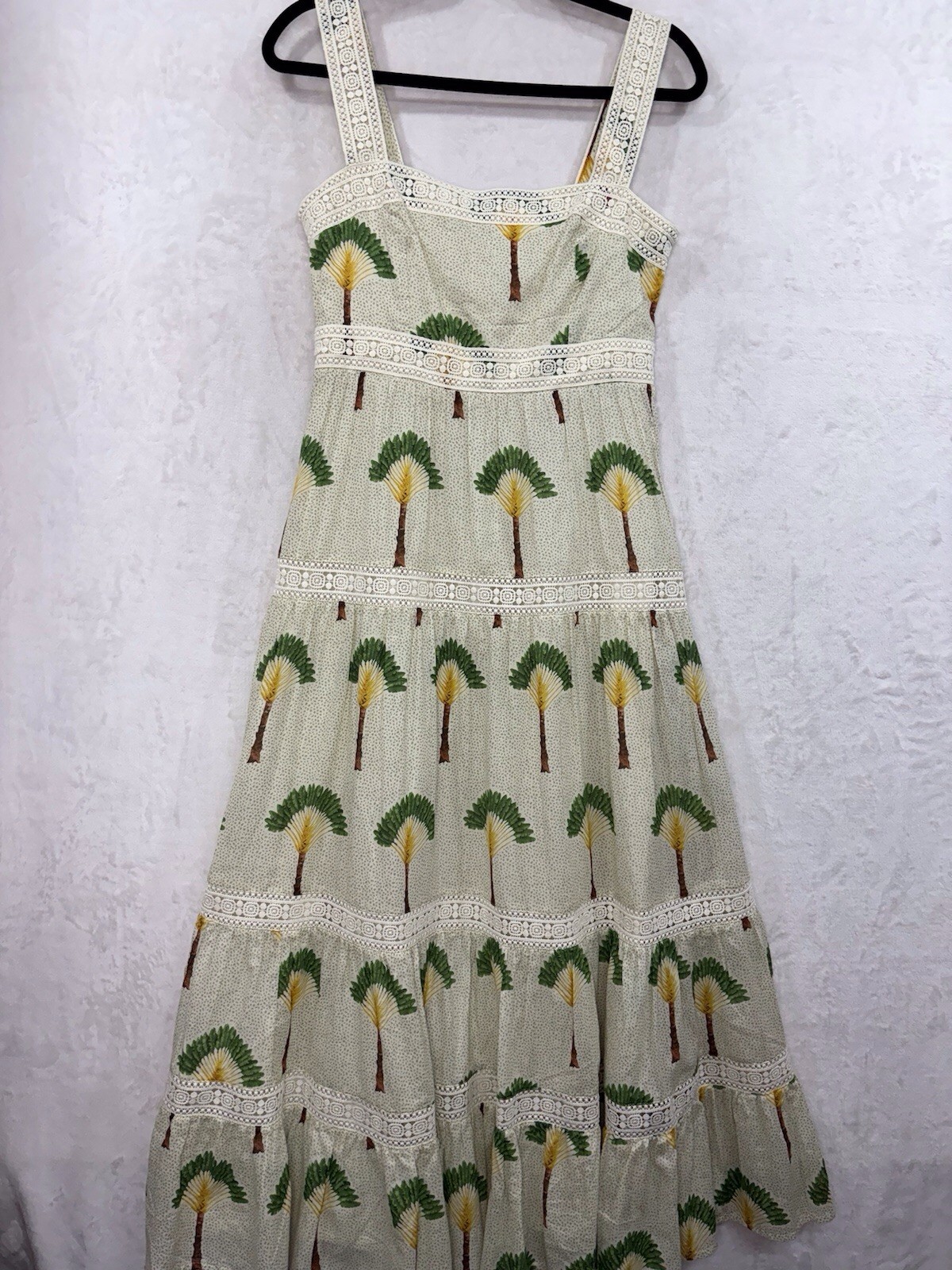 Calypso St Barth Palm Tree Crochet Tier Smock Dress S Maxi Ruffle Tropical NEW