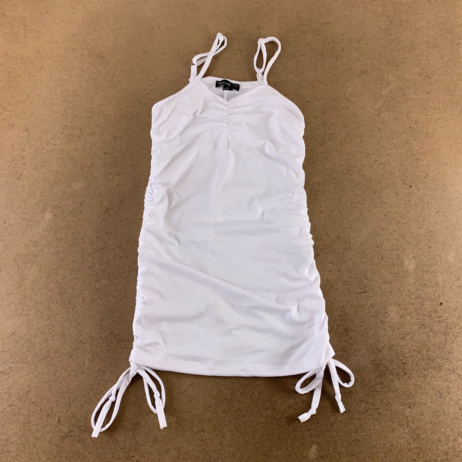 LOVE Juniors Size Medium White Drawstring Sides V Neck Bodycon Mini Dress NWT