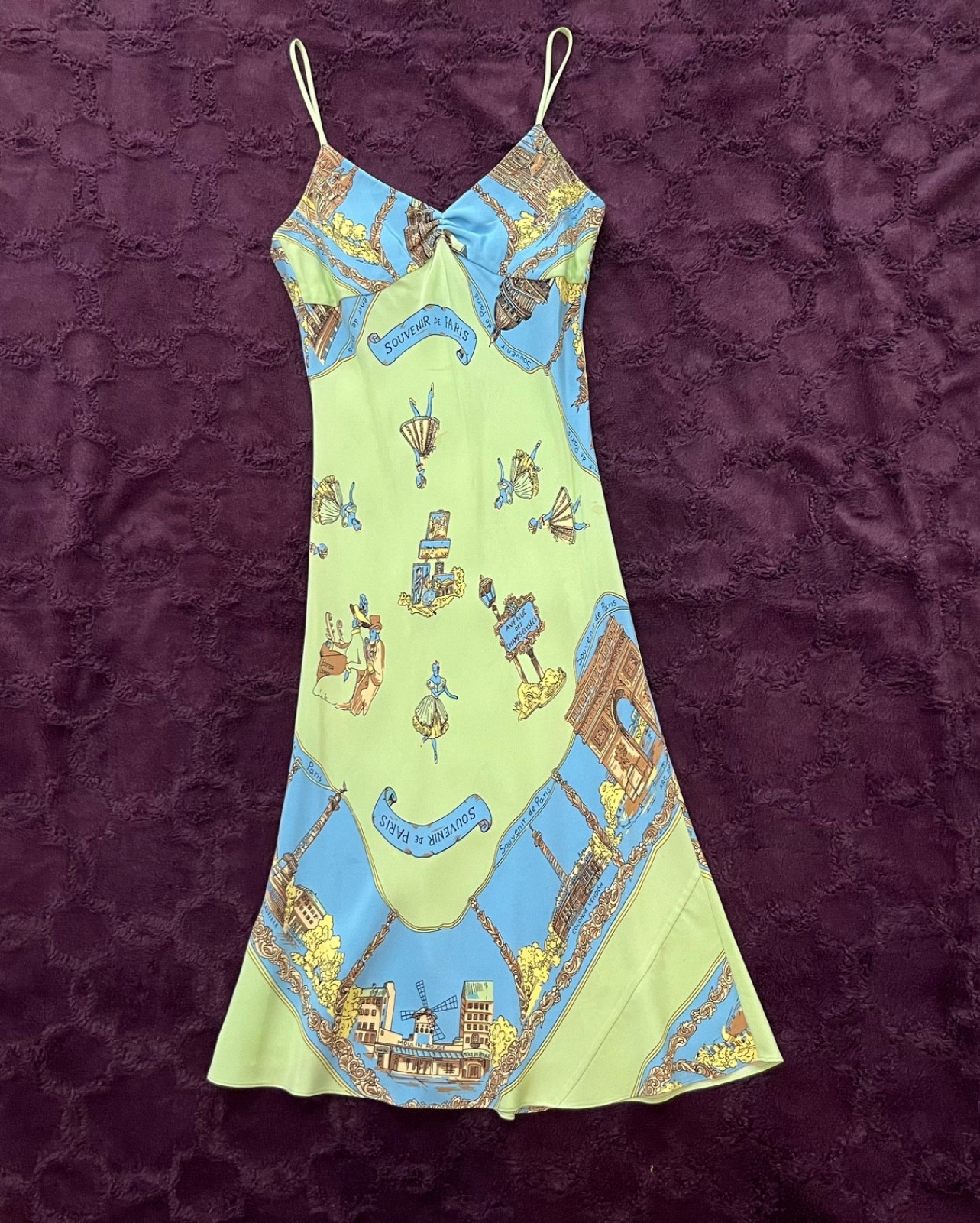 Vtg RARE Tibi Y2K “Paris Souvenir” Scarf Print 100% Silk Slip Dress Archival Sm