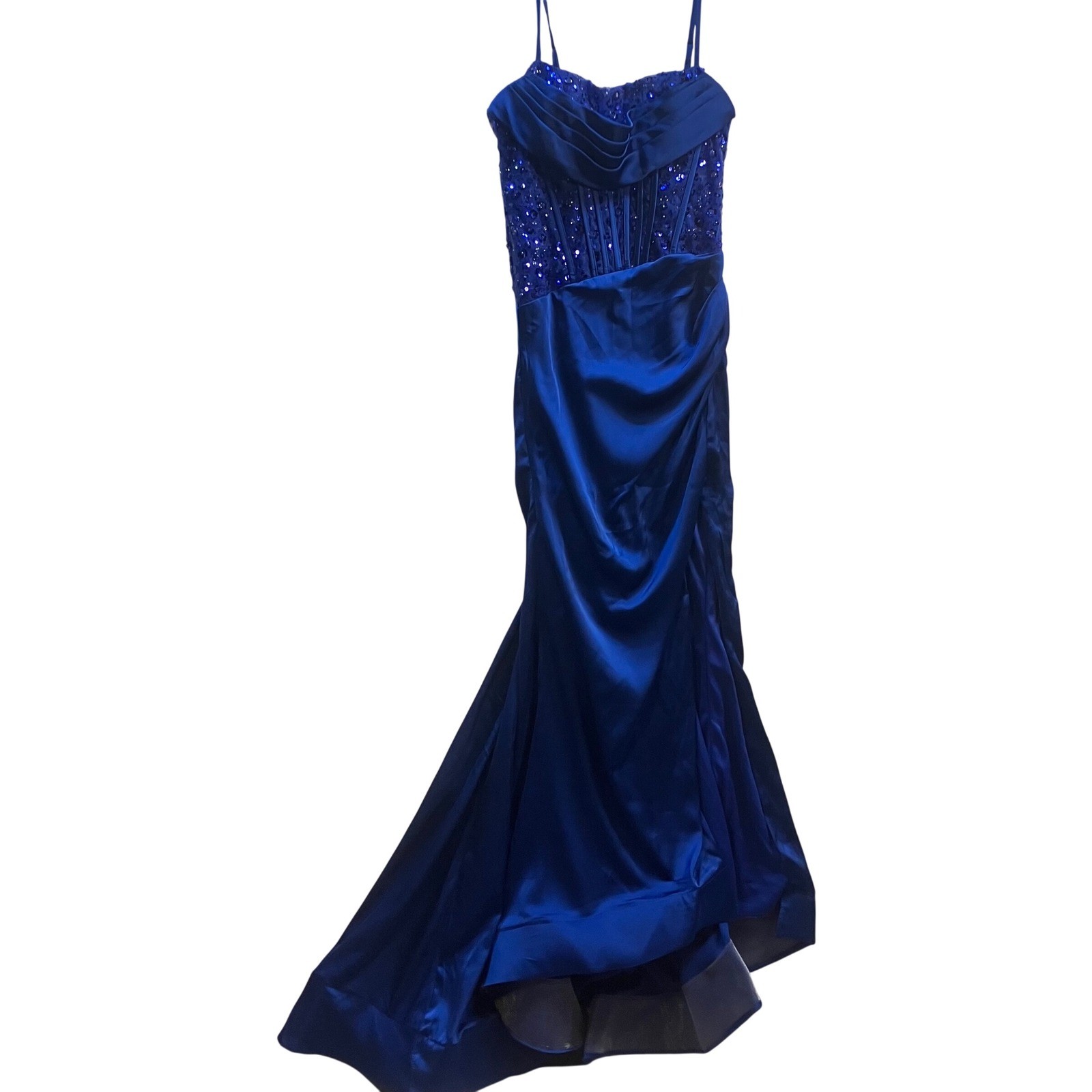 Royal Blue Sequin Corset Mermaid Gown Size 4 Assymetric Gala Trumpet Skirt NWT
