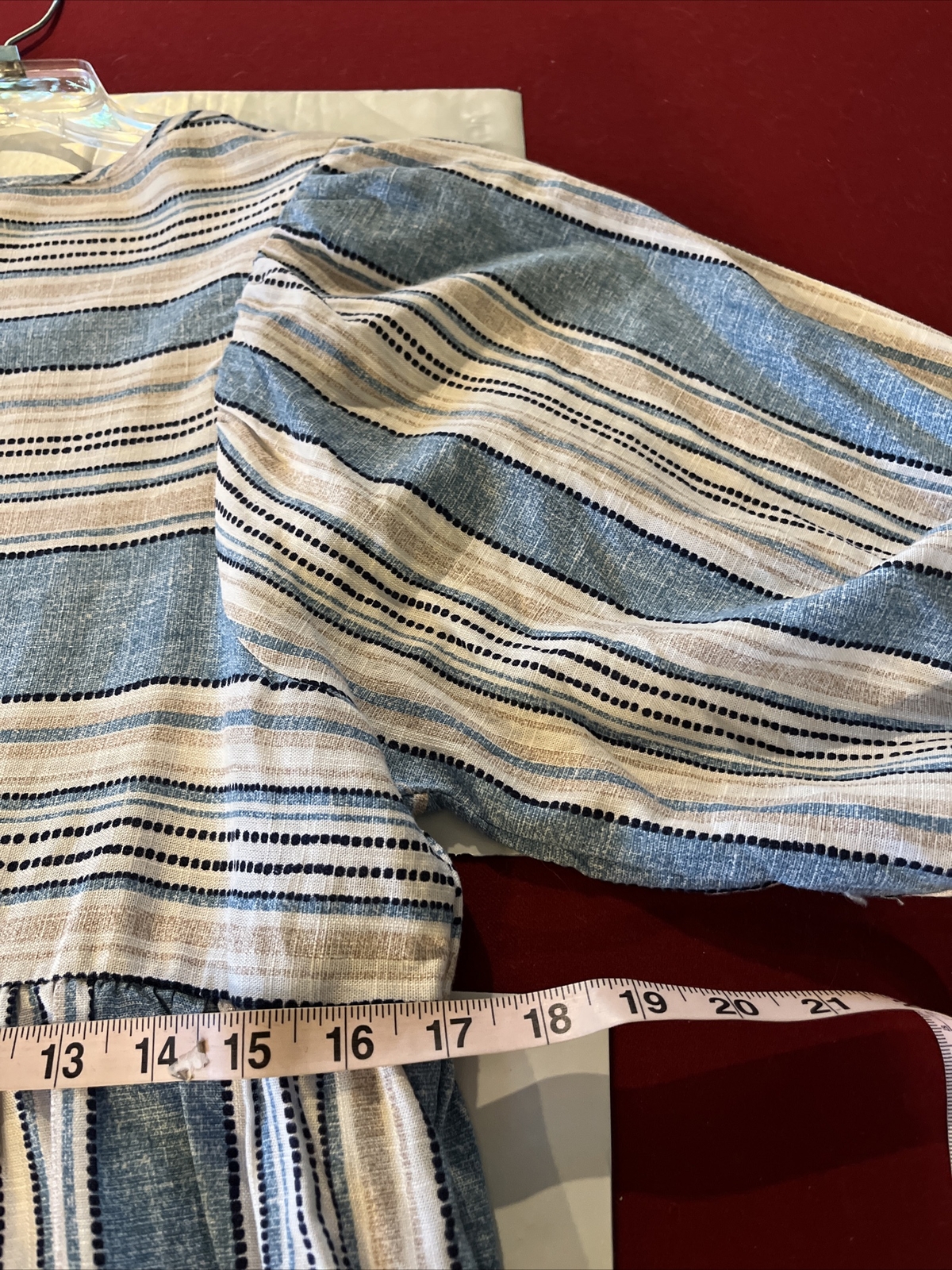 NEW Blue White Striped LINEN Sun DRESS Cotton Peasant PUFFY Sleeves Womens Small