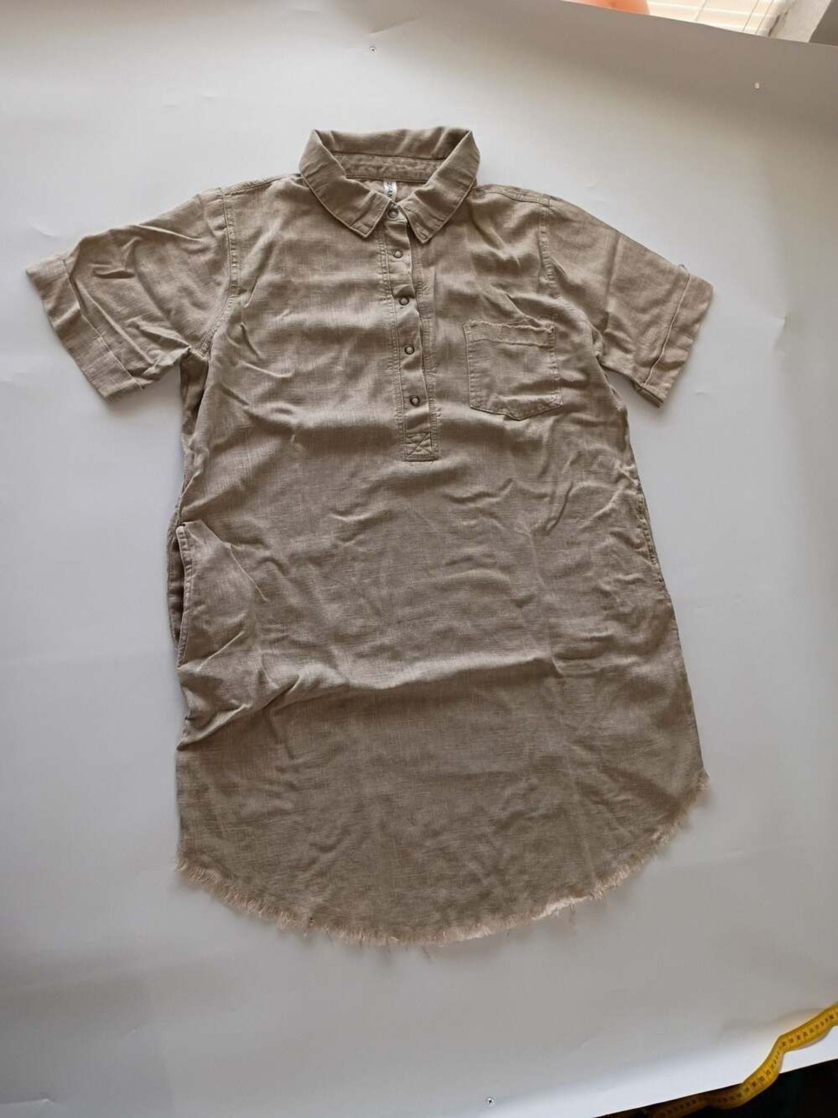 Zenana Women’s Beige Linen Blend Short Sleeve Button-Down Mini Shirt Dress