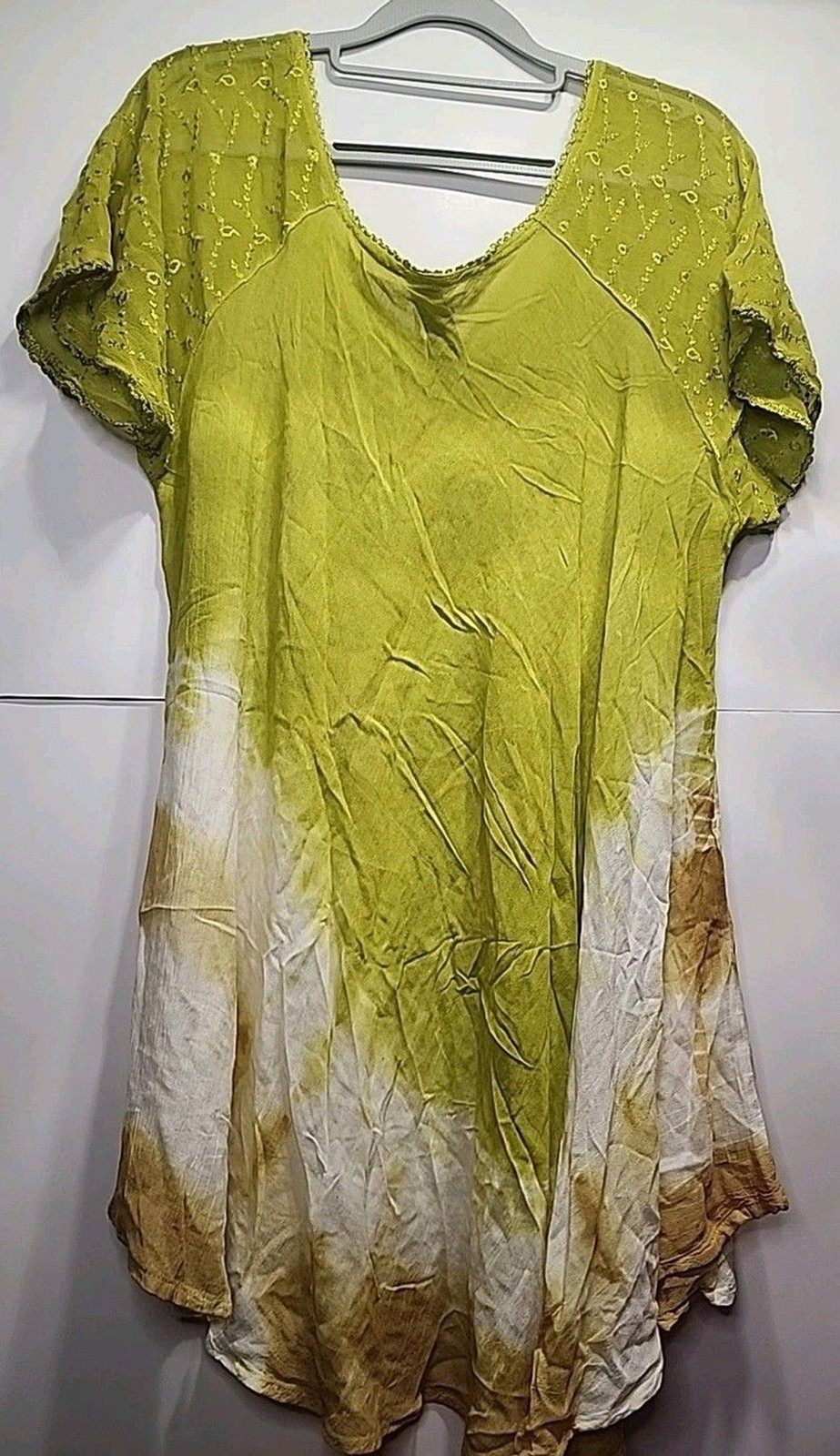 Sunflower Boho Tunic Top L/XL Green Yellow Tie Dye Embroidered Sequin Festival