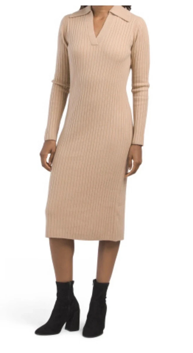 Elie Tahari Cashmere Wool Sweater Dress Camel Rib Knit Collared Midi Sz S