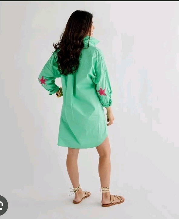 Caryn Lawn Preppy Star Cotton Tunic Shirt Dress Pink Mint Green One Size