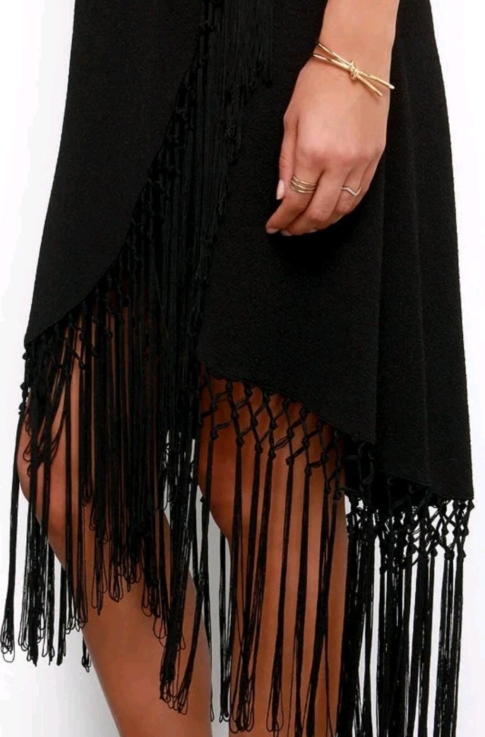 Black Fringe Wrap Cocktail Dress Stretchy M Party Boho Goth Y2K 70s Retro Disco