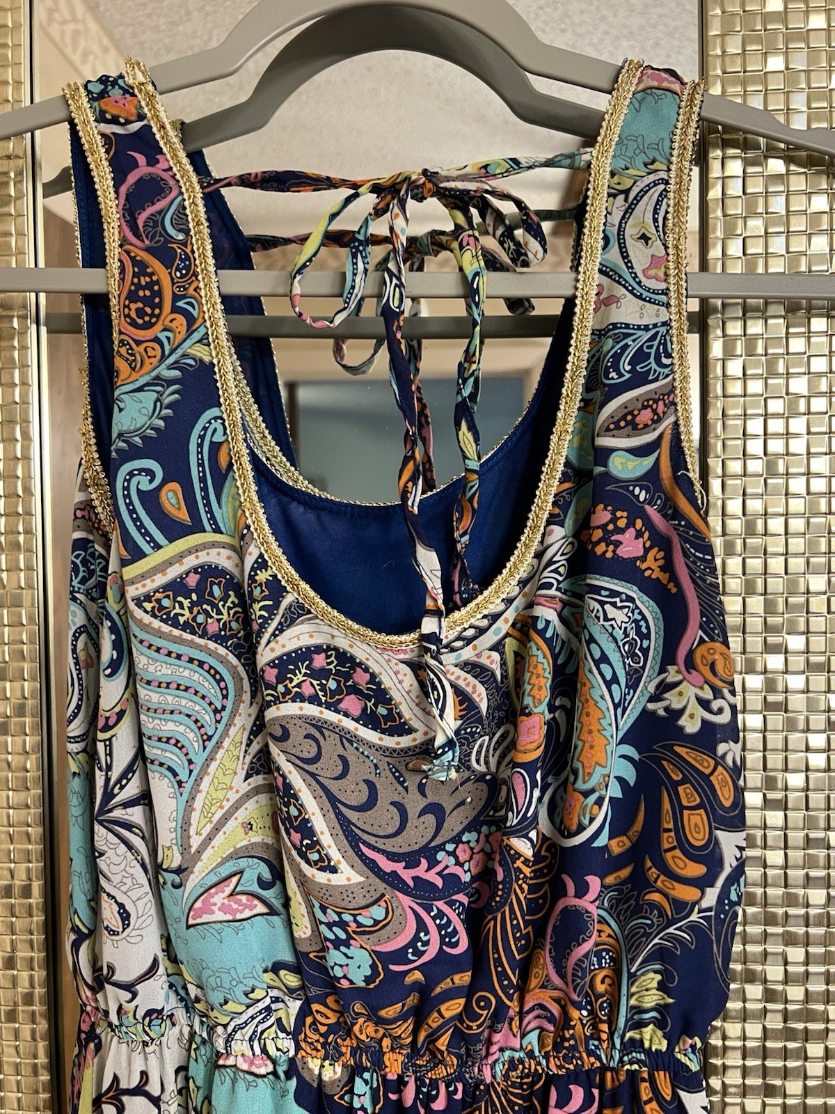 Beautiful Colorful High-Low Hemline Summer Dress With Lining & Gold Ribbon Trim