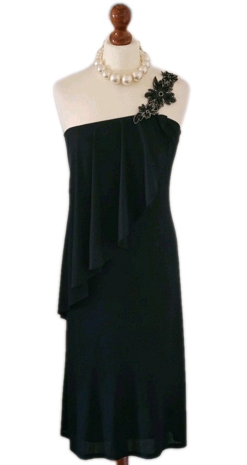 CLAUDIE AMOS Vintage Black One Shoulder Floral Applique Dress UK8 Made In UK