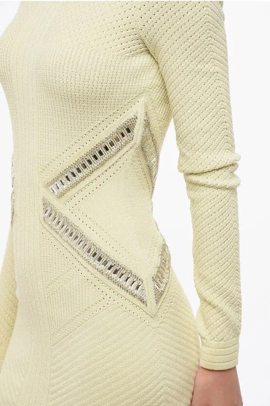 BALMAIN Pale Yellow Crystal Embellished Long Sleeved Dress FR 38 US 4