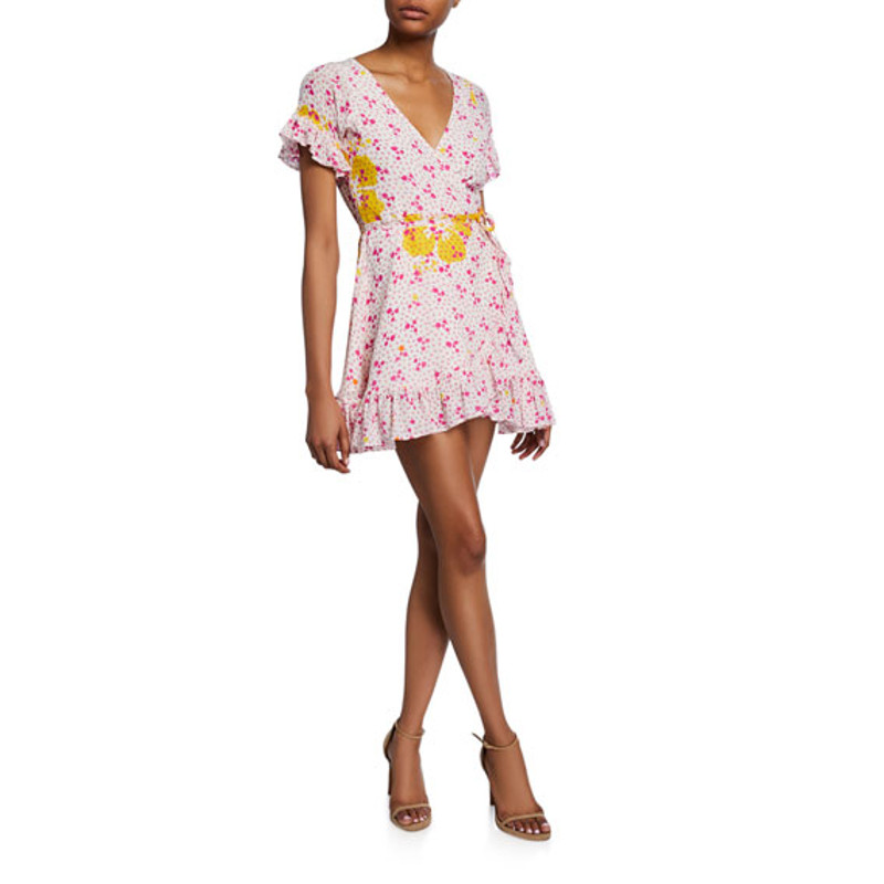 All Things Mochi Dory Mini Wrap Dress Pink Fuchsia Dot Floral Silk Medium