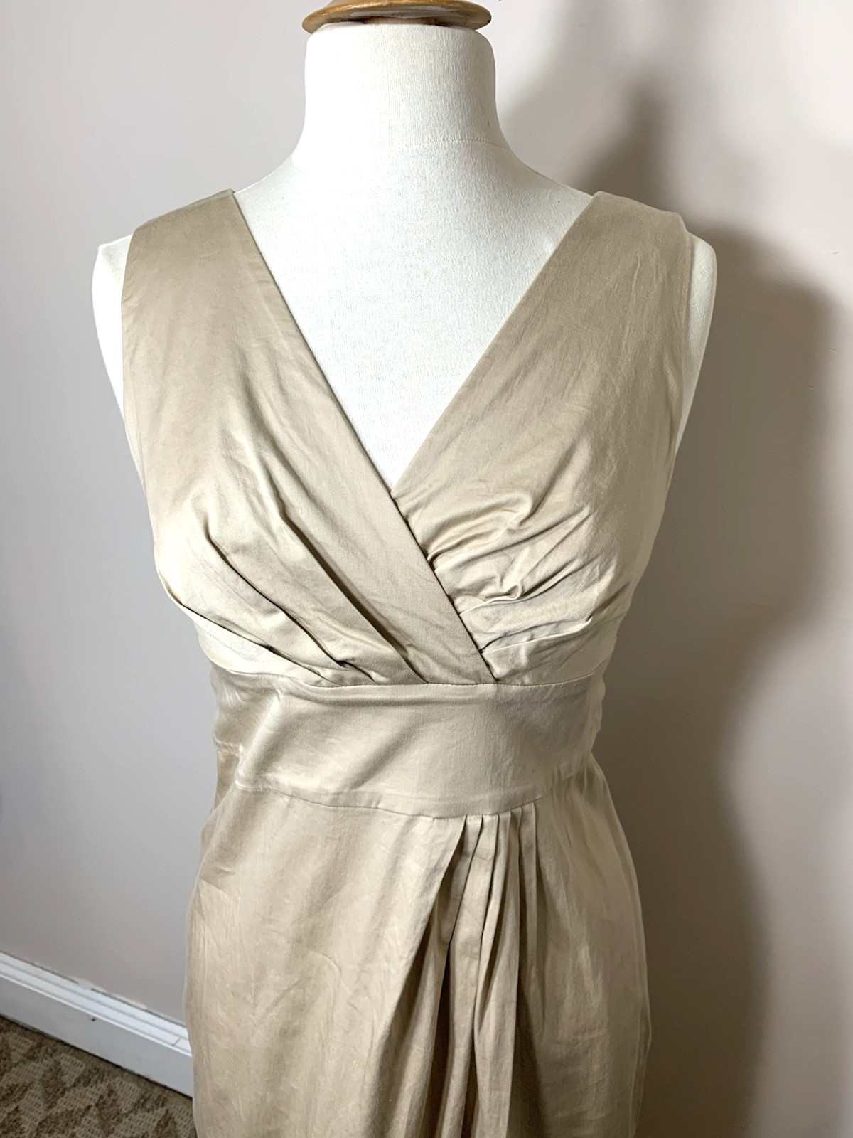 Talbots Sundress Womens Petite 8 Khaki Cotton Stretch Neutral Bow V-Neck