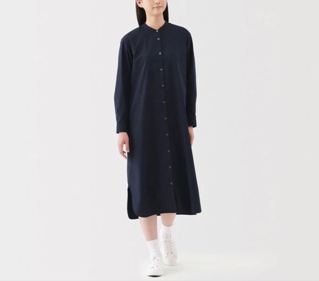 MUJI Washed Broad Stand Collar Long Sleeve Dress Dark Navy XS