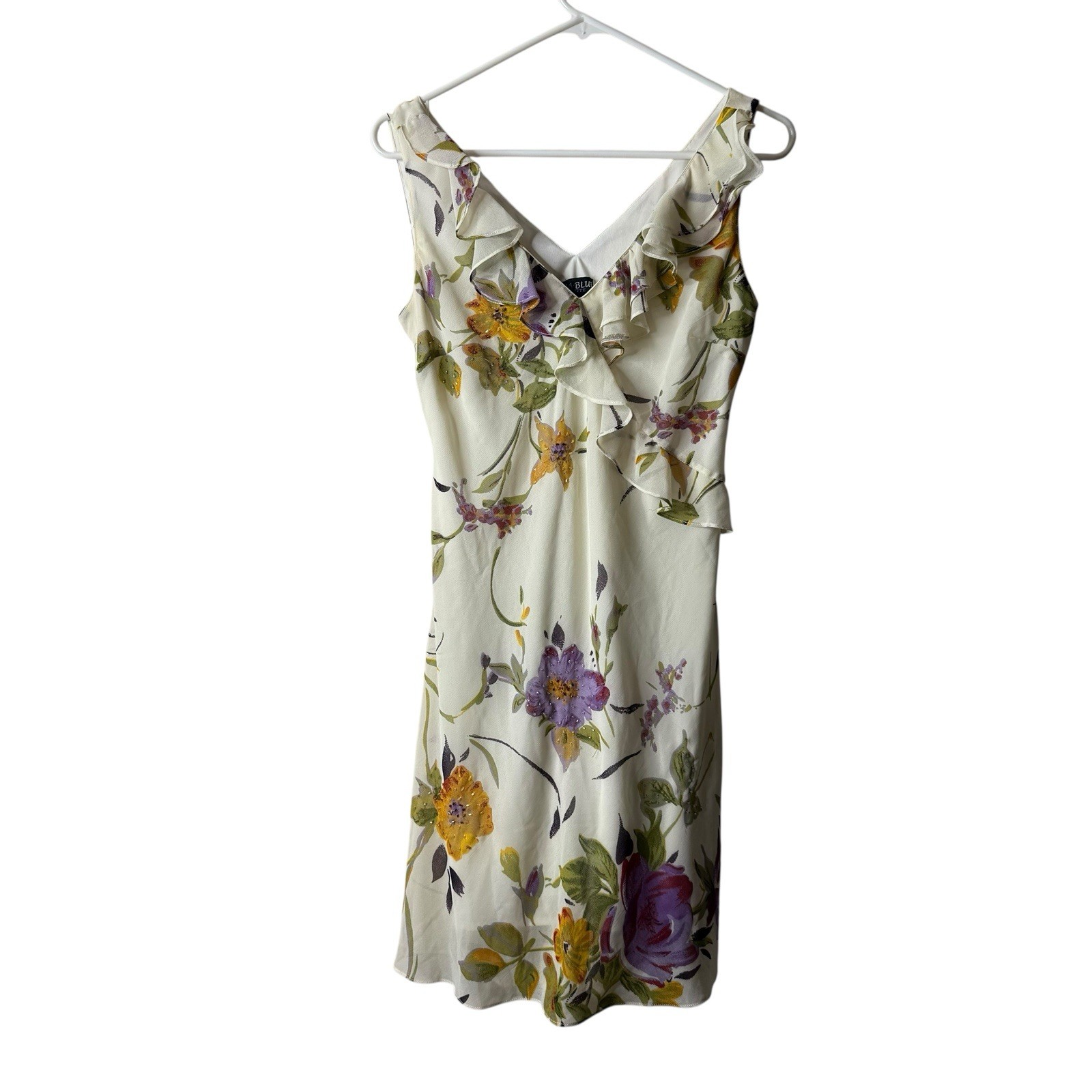 Vintage Eva Blue Ivory Embellished Floral Fairycore Tank Dress Size 8 Y2K 90s