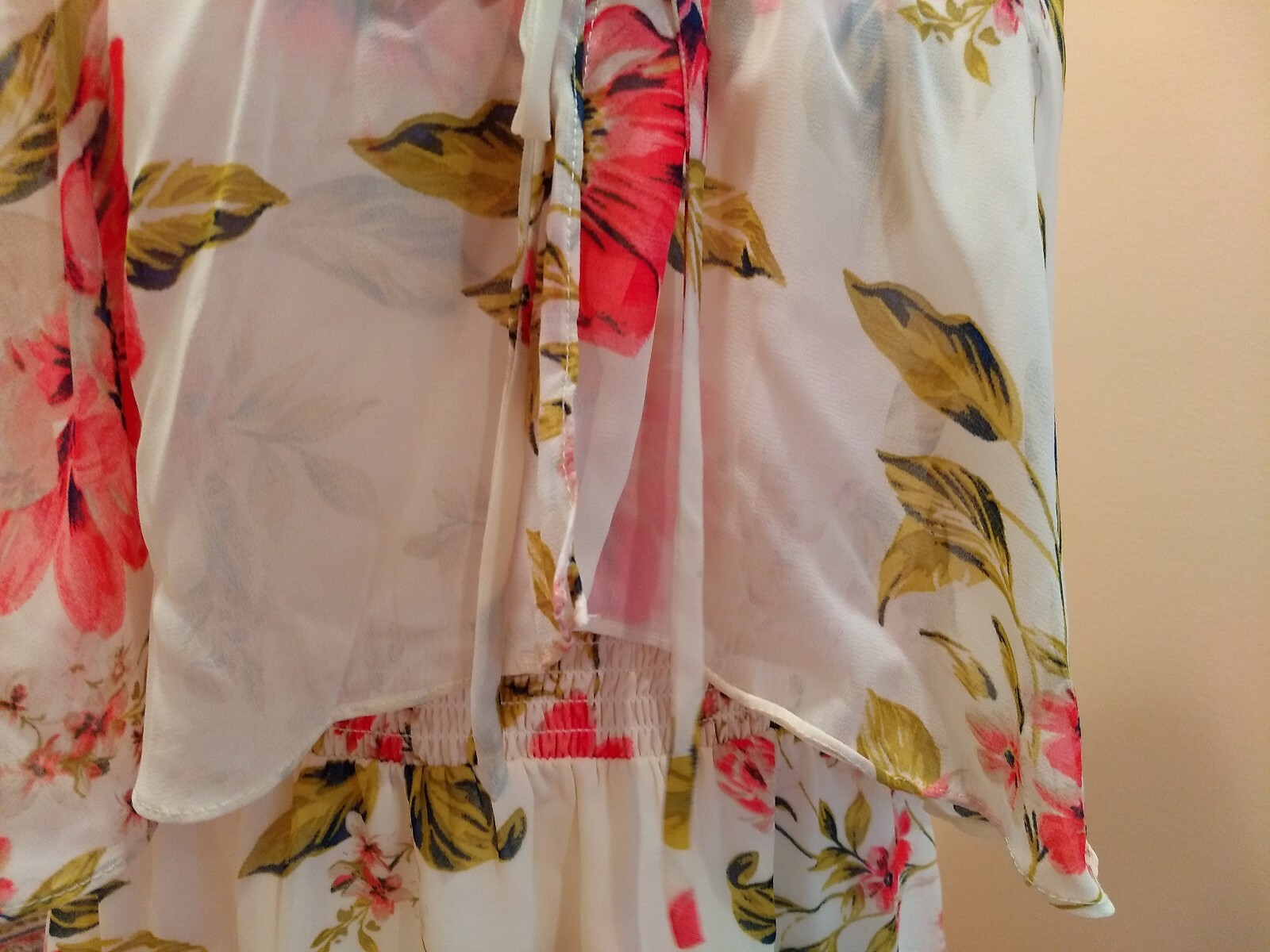 June And Hudson Chiffon Ruffle Maxi Dress Floral Ivory Red Size L Nwt
