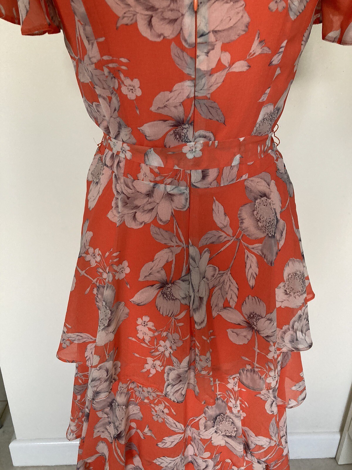 ROMAN ~ Orange Floral Short Floaty Sleeve Ruffle Layered Dress Sz 10