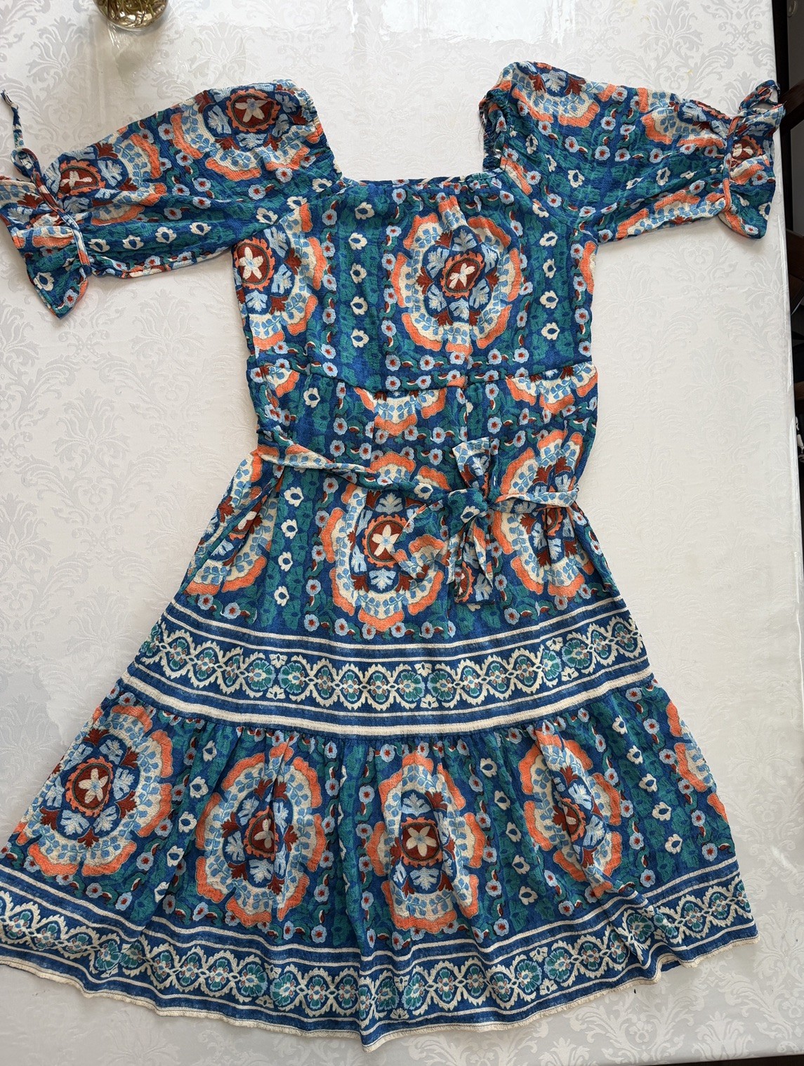 Figueroa Floral Women’s Off Shoulder Boho Dress Size M Blue Orange Belted Lined