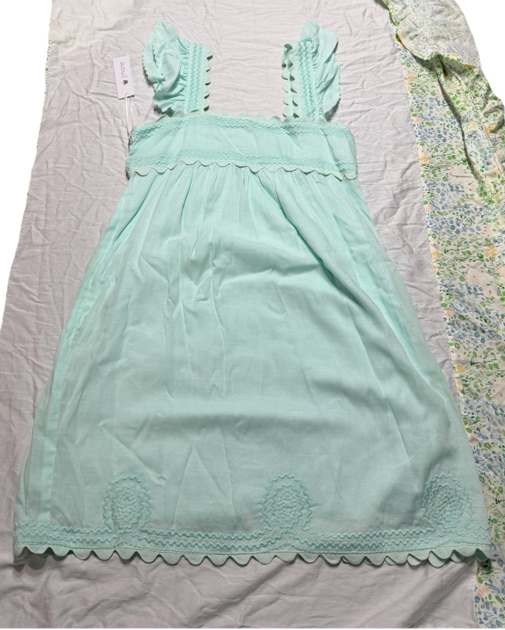 J Marie Brooklyn Dress Retail $128 Flutter Strap Embroidered Linen Mix size S
